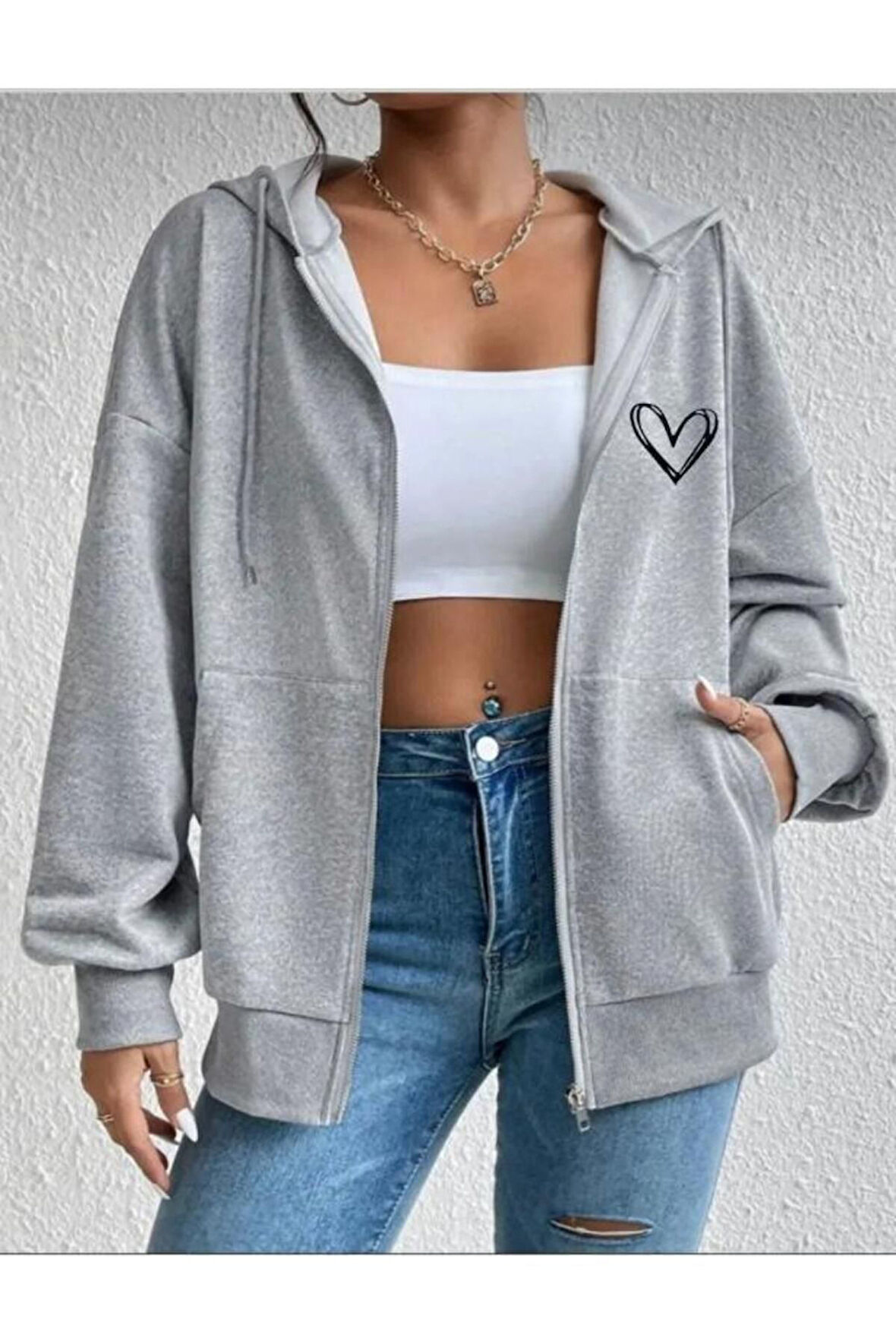 Kadın Gri Kalp Baskılı Kapüşonlu Fermuarlı Oversize Sweatshirt