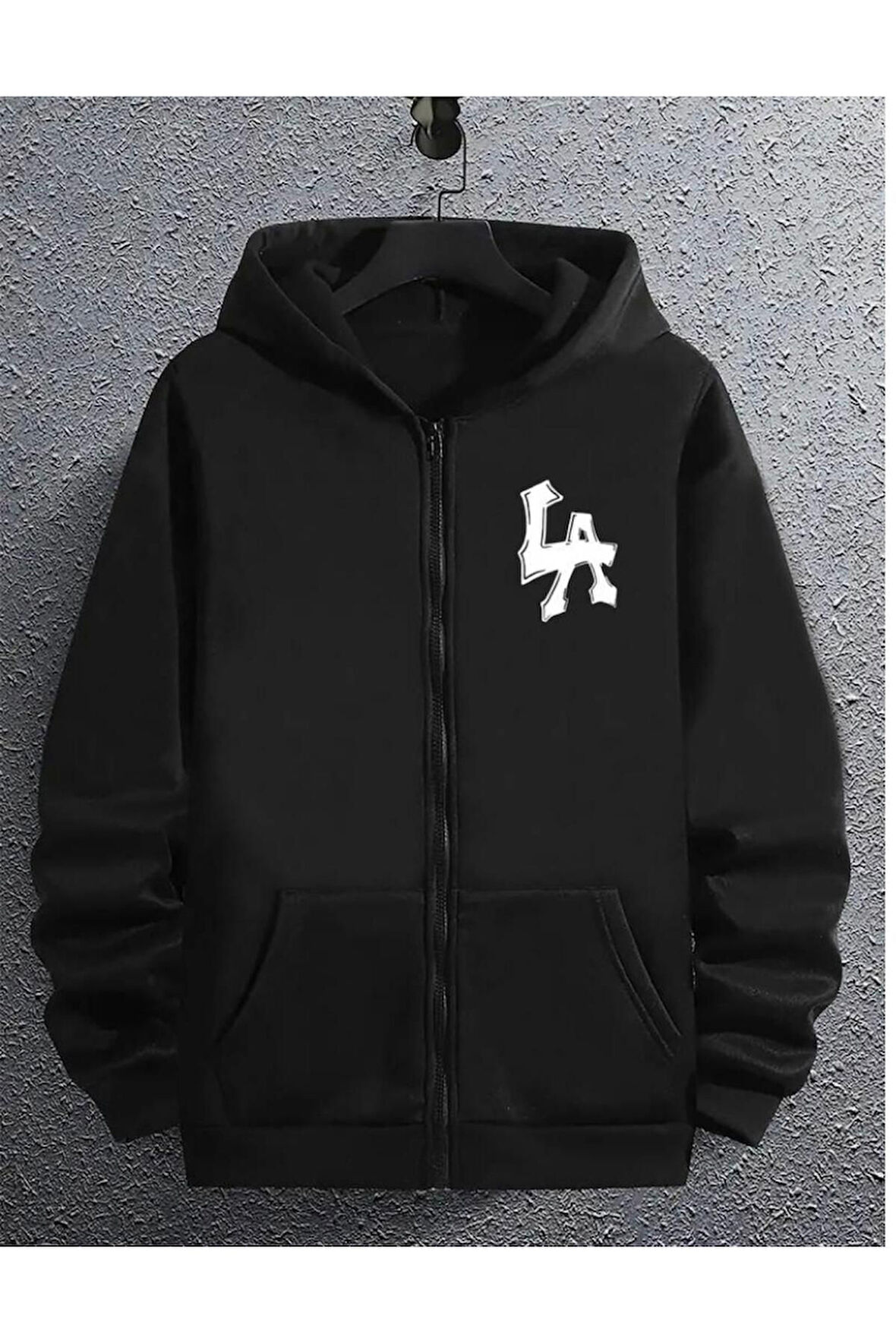 Erkek LA Baskılı Kapüşonlu Fermuarlı Oversize Sweatshirt