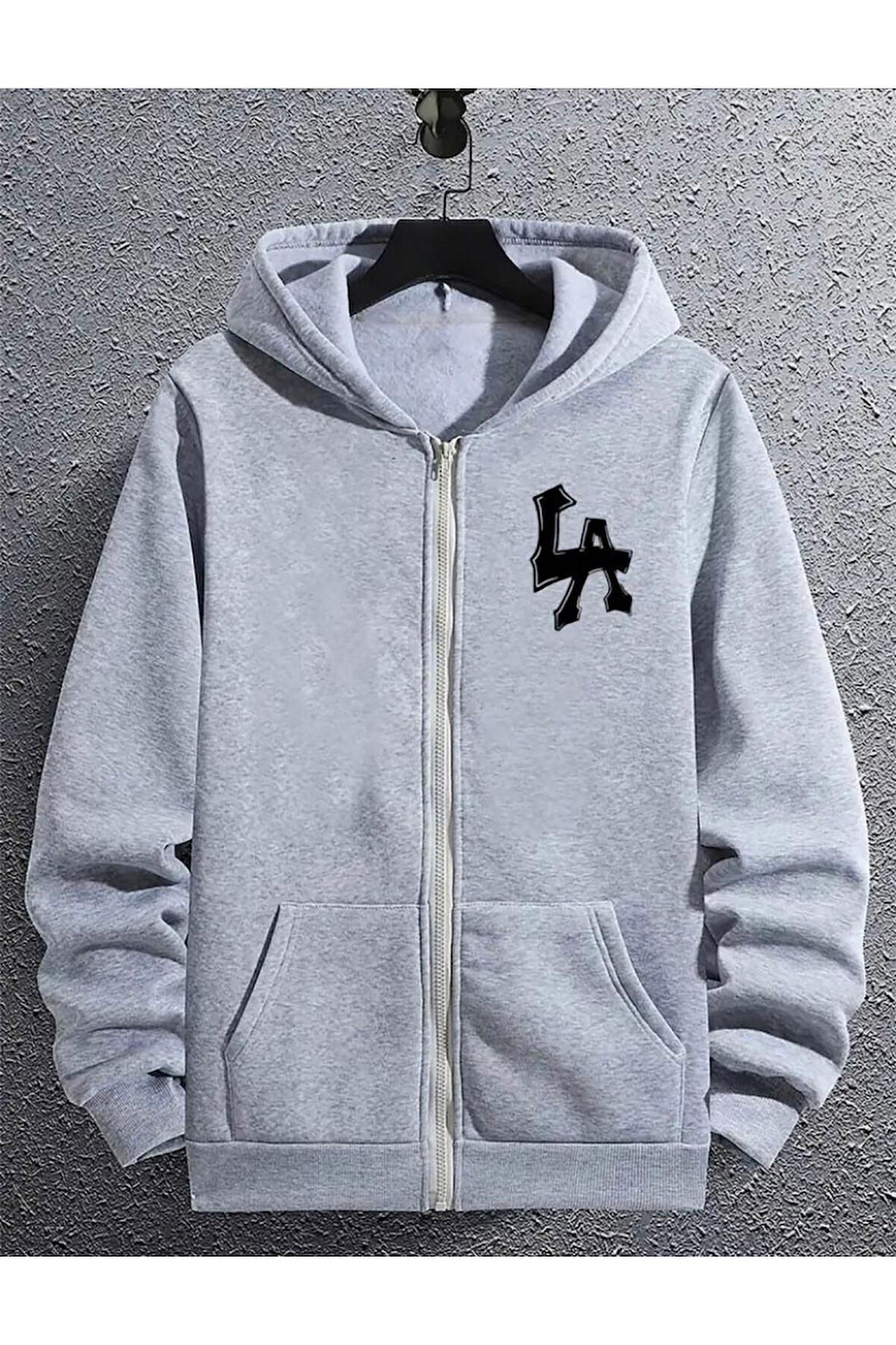 Erkek LA Baskılı Kapüşonlu Fermuarlı Oversize Sweatshirt