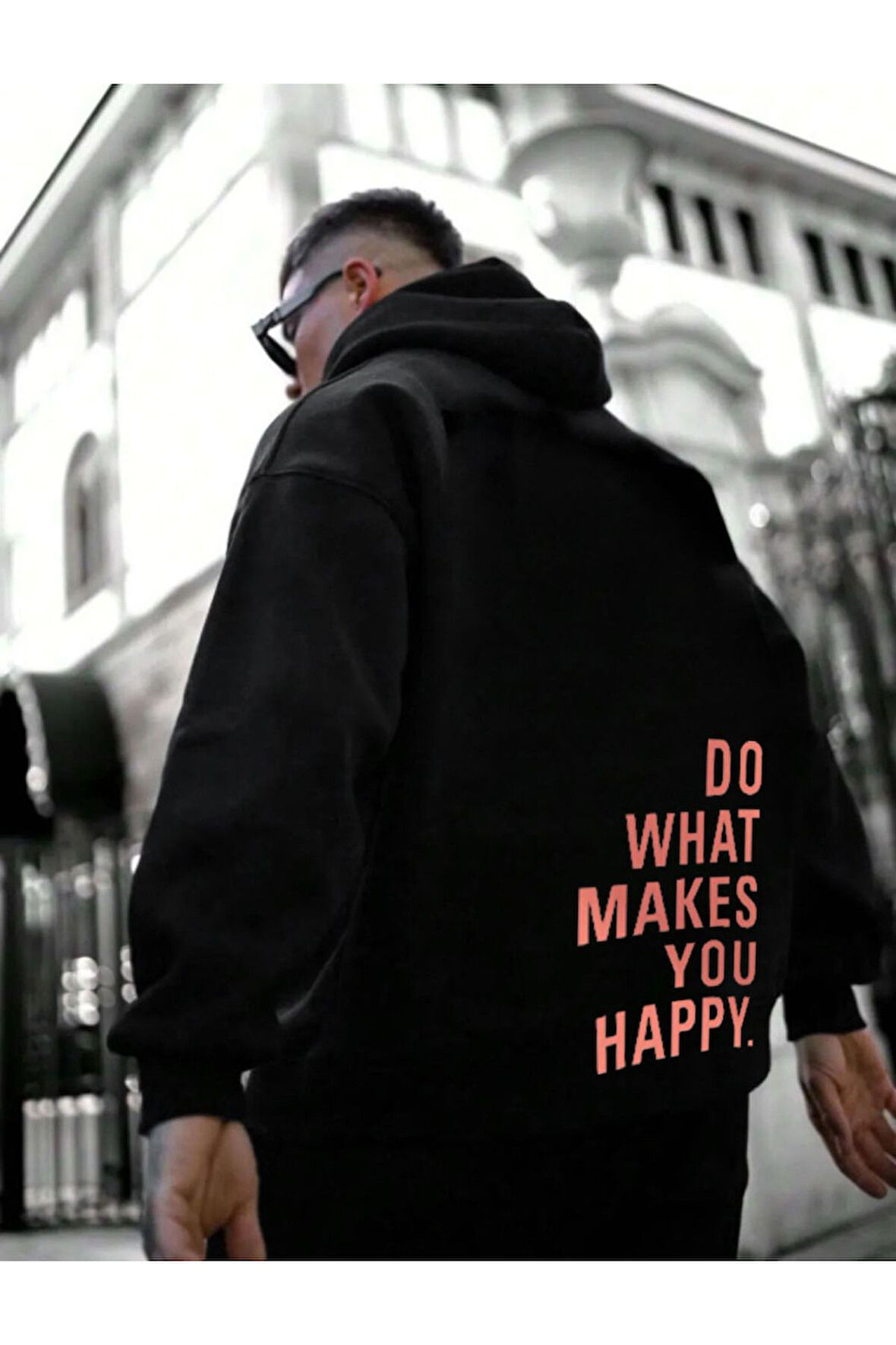 Erkek Siyah Makes You Happy Baskılı Kapüşonlu Oversize Sweatshirt