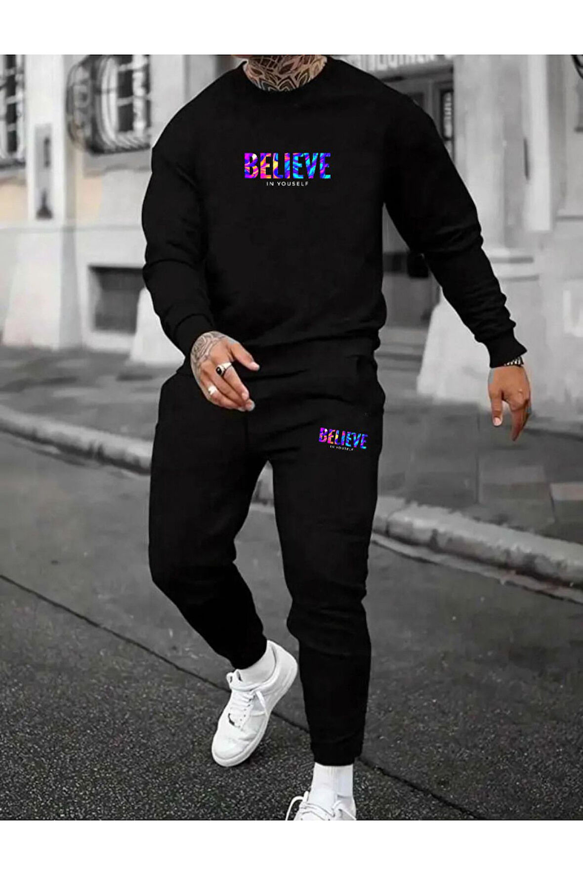 Erkek Believe Baskılı Bisiklet Yaka Oversize Eşofman Takımı