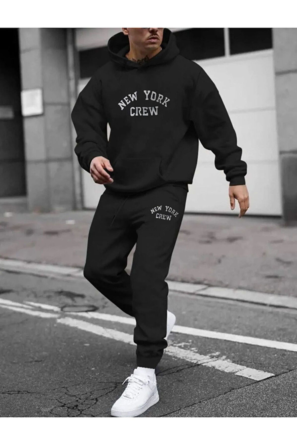 Erkek Siyah New York Crew Baskılı Oversize Kapüşonlu Eşofman Takımı