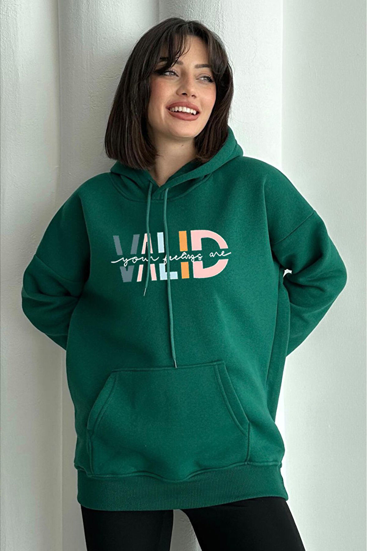 Kadın Valid Baskılı Oversize Kapüşonlu Sweatshirt