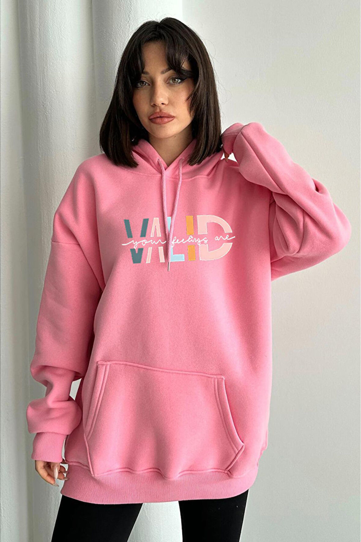 Kadın Pembe Valid Baskılı Oversize Kapüşonlu Sweatshirt