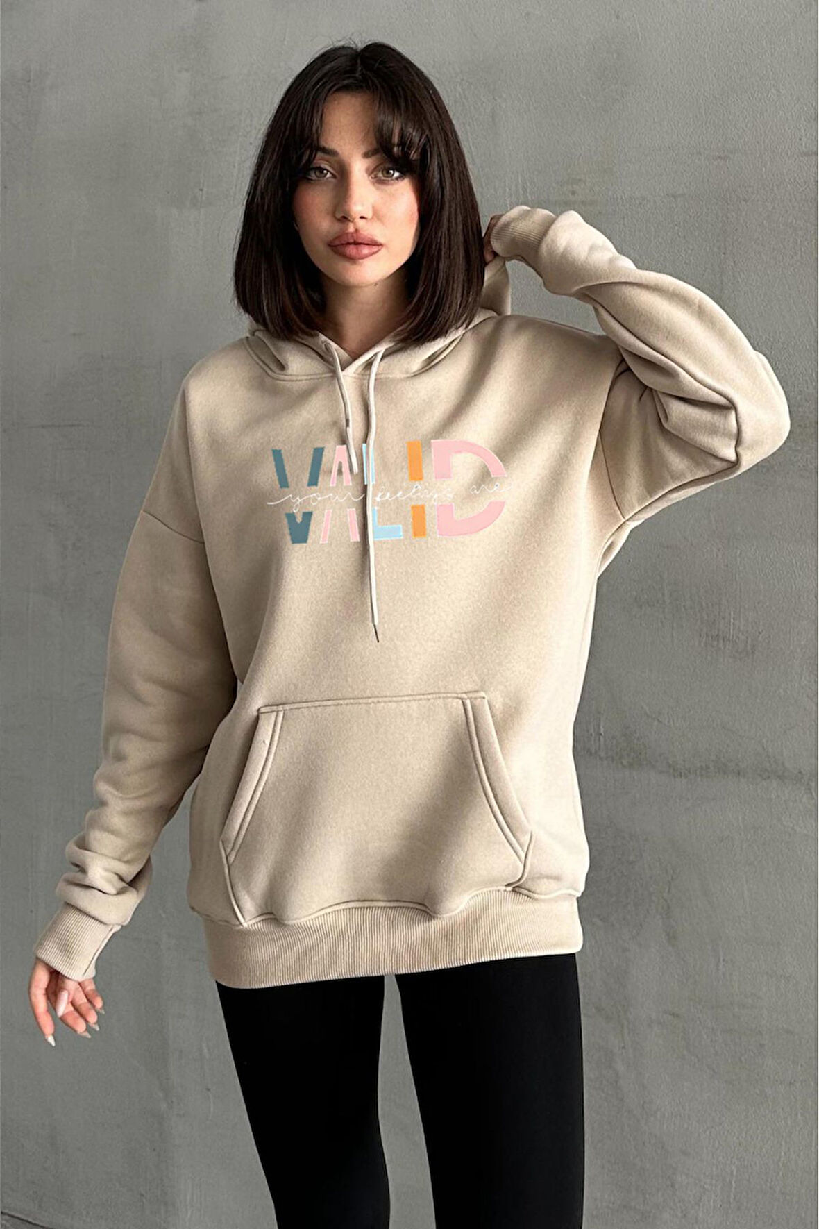 Kadın Valid Baskılı Oversize Kapüşonlu Sweatshirt