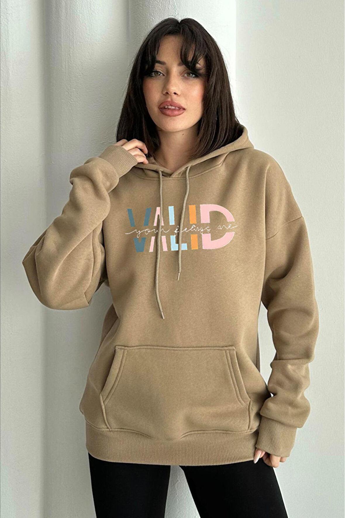 Kadın Valid Baskılı Oversize Kapüşonlu Sweatshirt