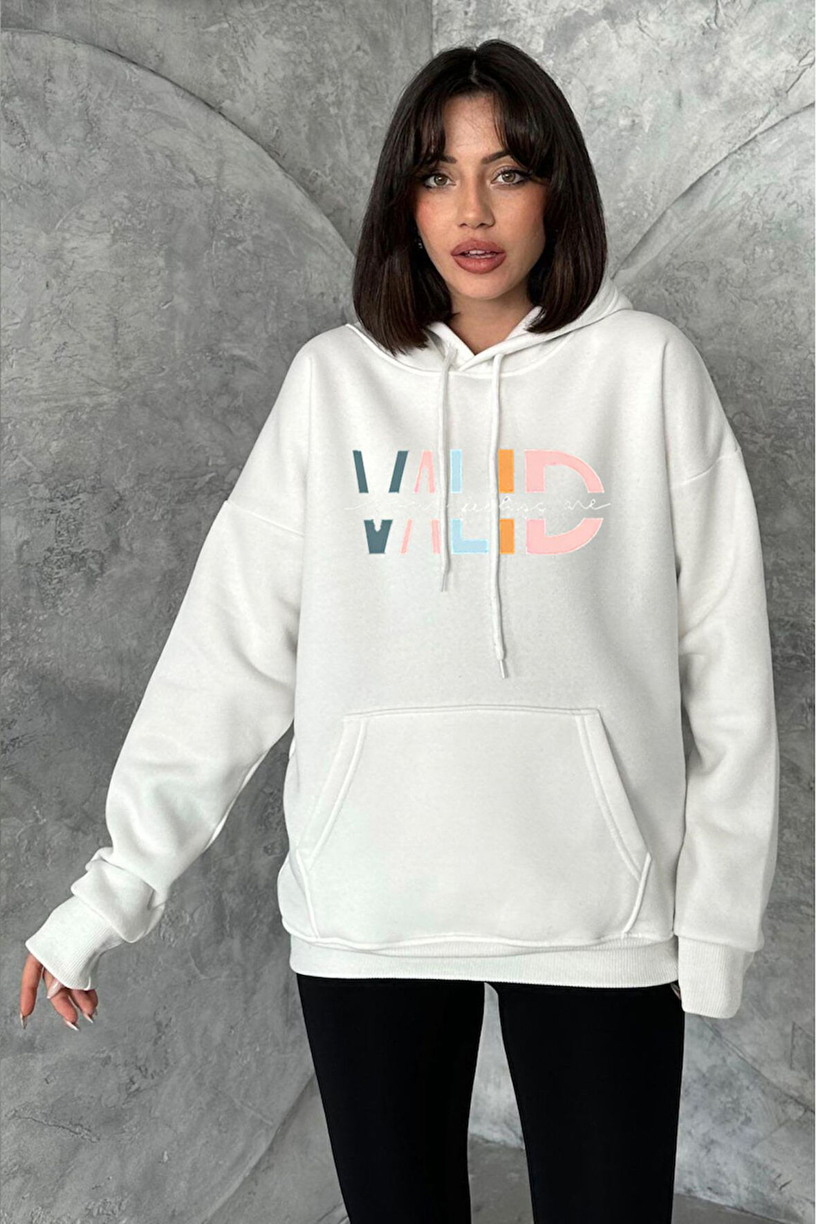 Kadın Krem Valid Baskılı Oversize Kapüşonlu Sweatshirt