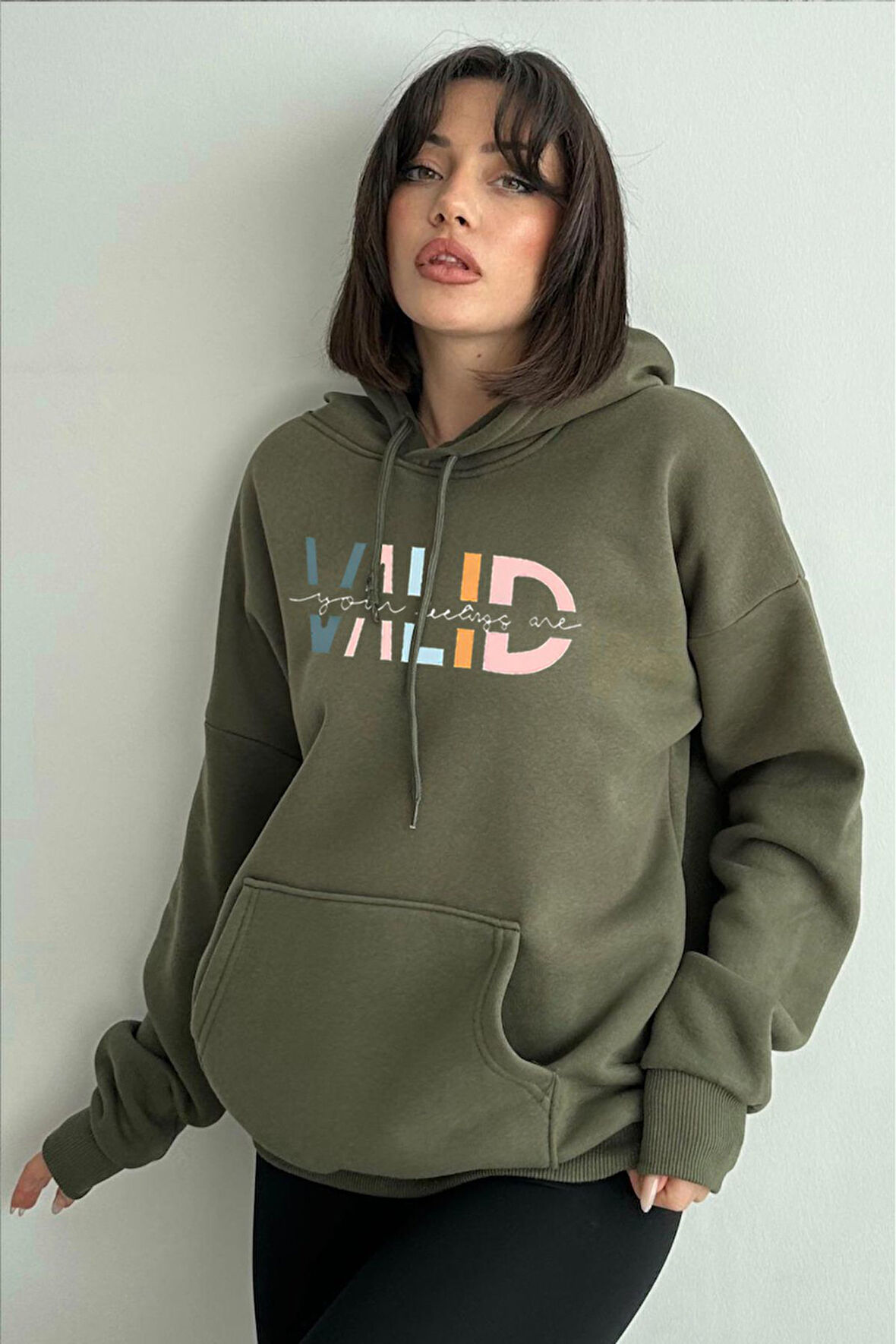 Kadın Haki Valid Baskılı Oversize Kapüşonlu Sweatshirt