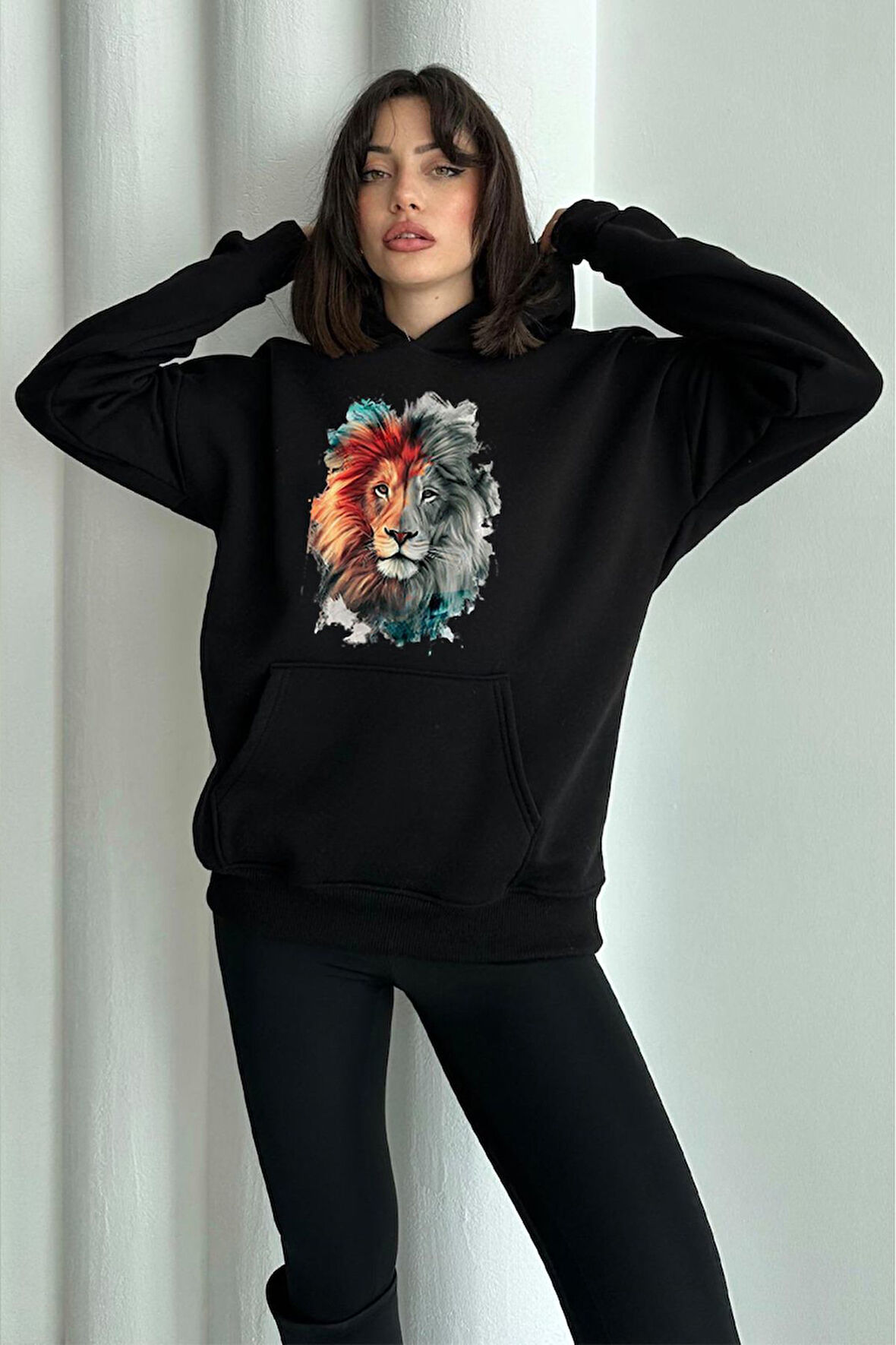 Kadın Aslan Baskılı Oversize Kapüşonlu Sweatshirt