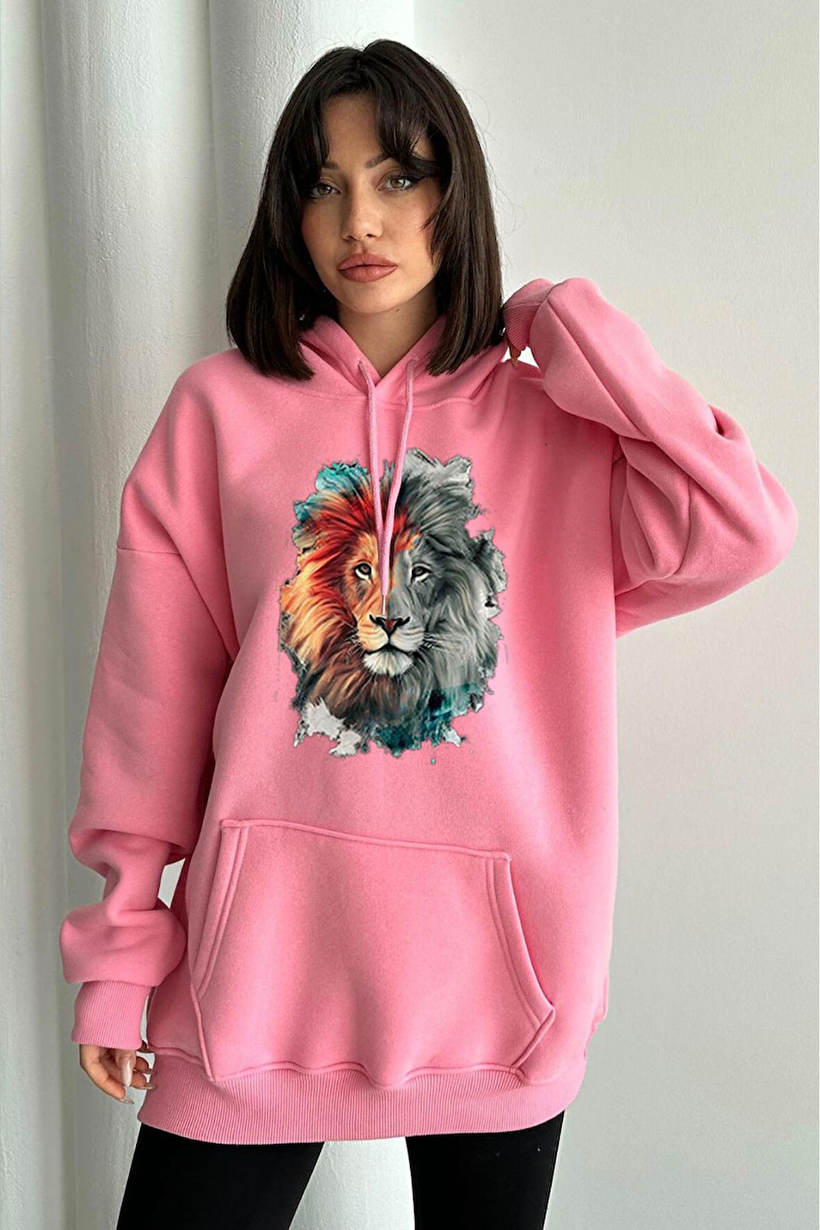 Kadın Pembe Aslan Baskılı Oversize Kapüşonlu Sweatshirt