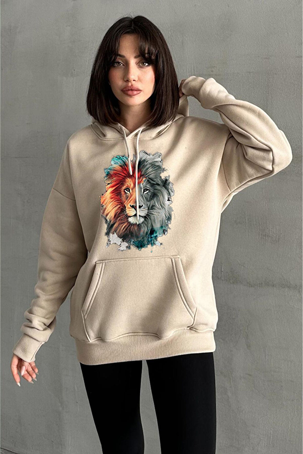 Kadın Aslan Baskılı Oversize Kapüşonlu Sweatshirt