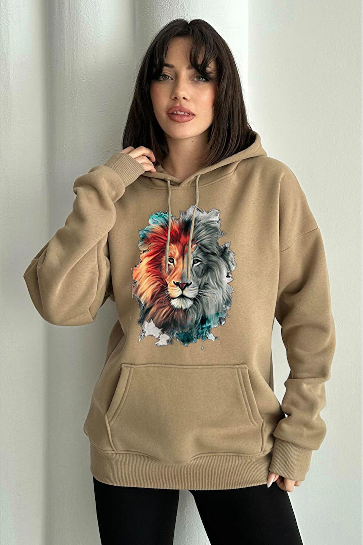 Kadın Aslan Baskılı Oversize Kapüşonlu Sweatshirt