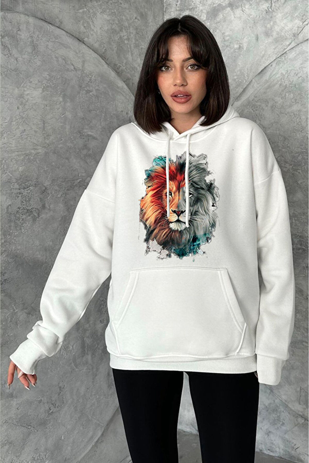 Kadın Krem Aslan Baskılı Oversize Kapüşonlu Sweatshirt