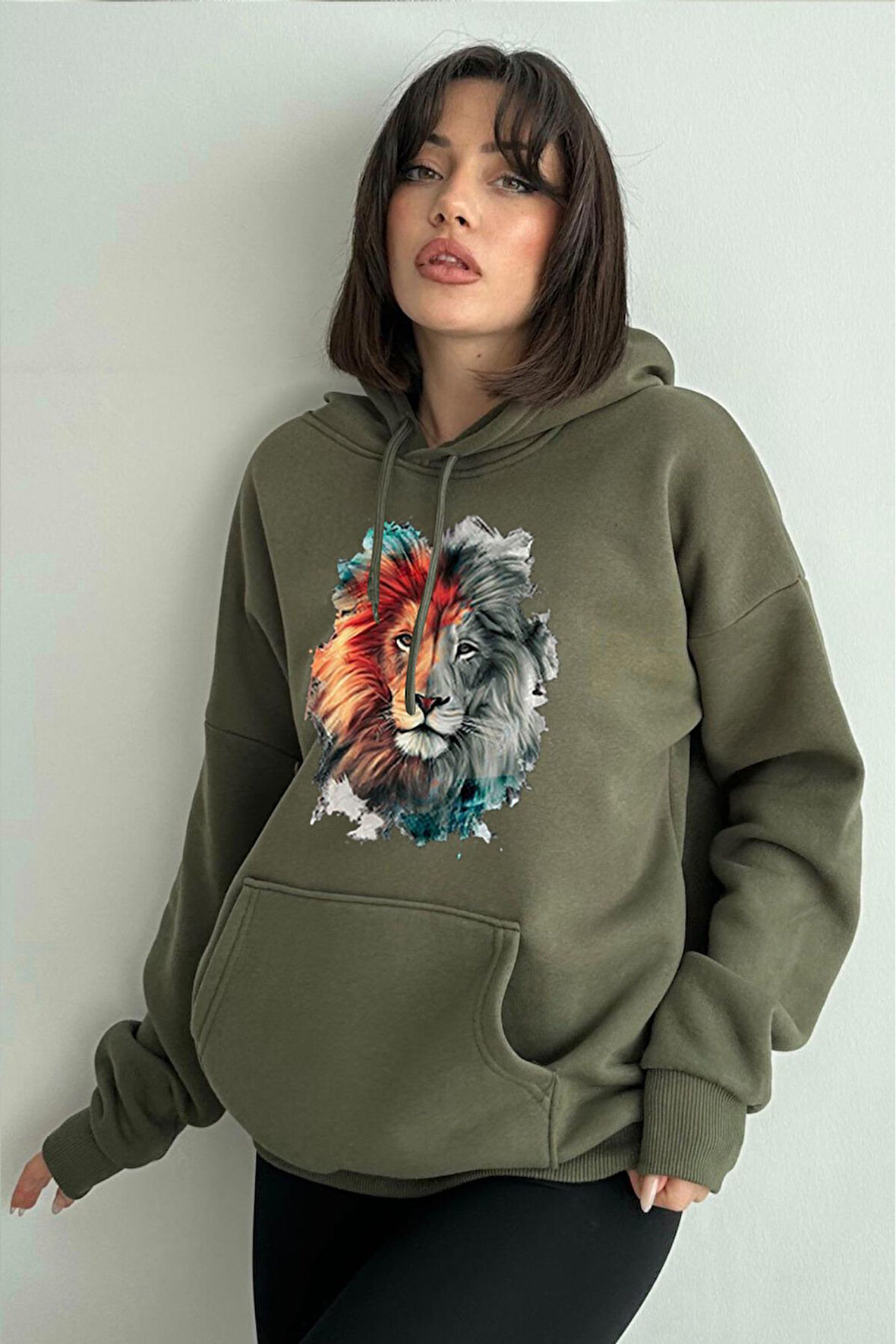 Kadın Aslan Baskılı Oversize Kapüşonlu Sweatshirt