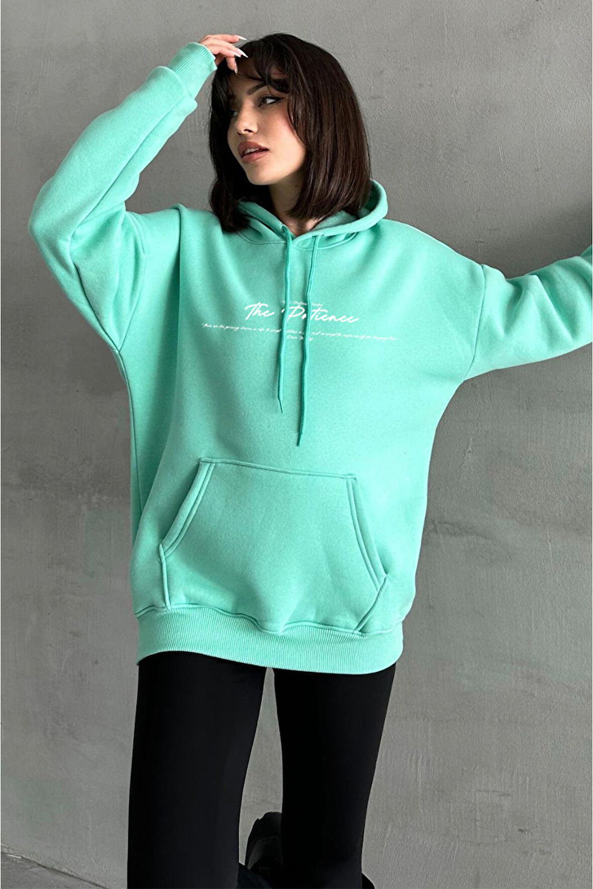 Kadın Mint Yeşili The Patience Baskılı Oversize Kapüşonlu Sweatshirt