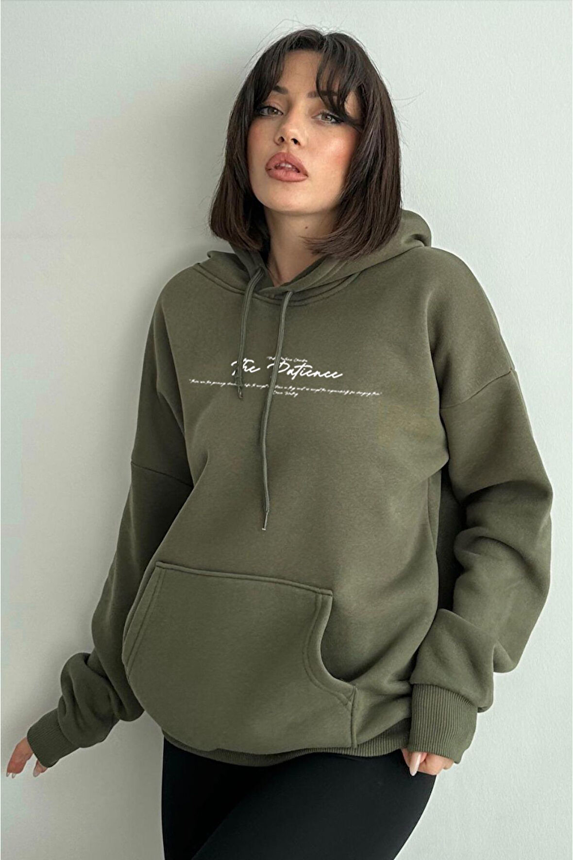 Kadın Haki The Patience Baskılı Oversize Kapüşonlu Sweatshirt