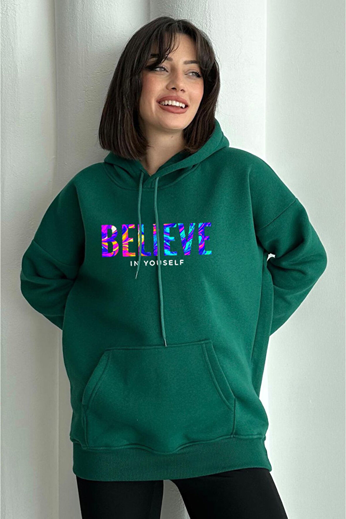 Kadın Yeşil Renkli Believe Baskılı Oversize Kapüşonlu Sweatshirt