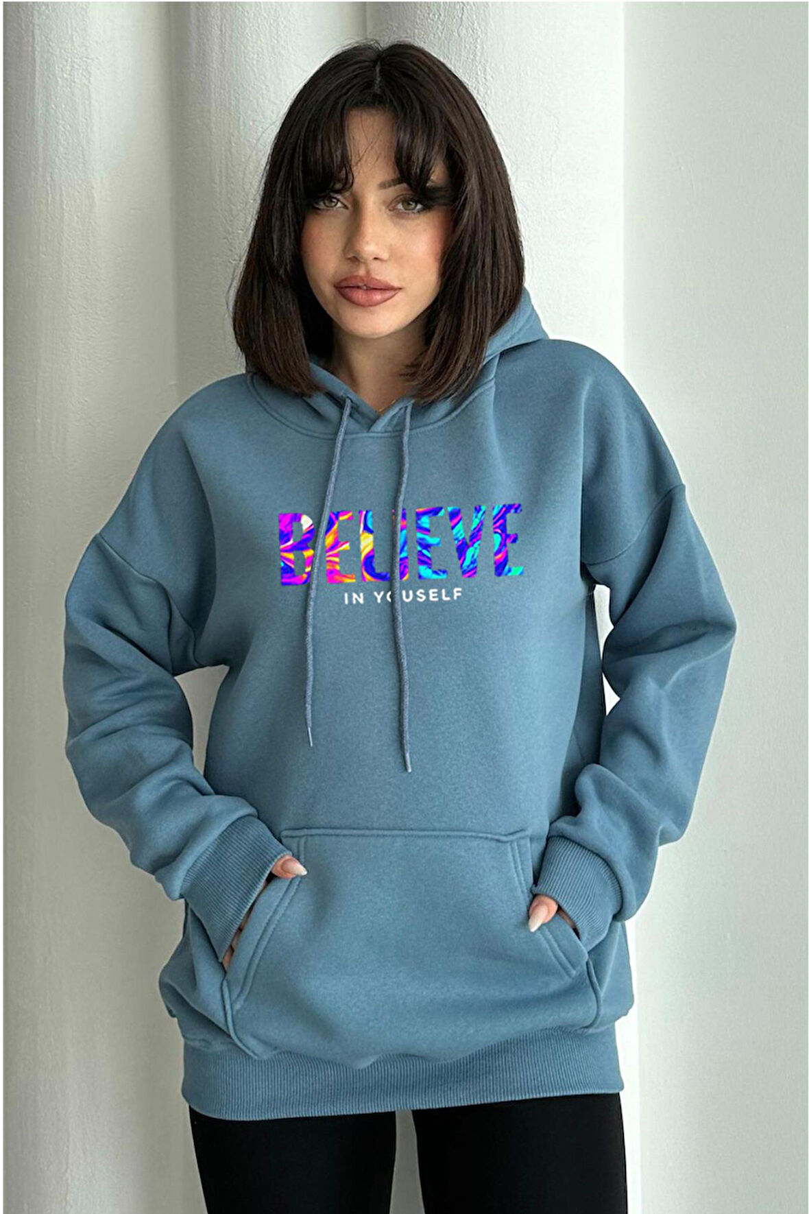 Kadın Mavi Renkli Believe Baskılı Oversize Kapüşonlu Sweatshirt