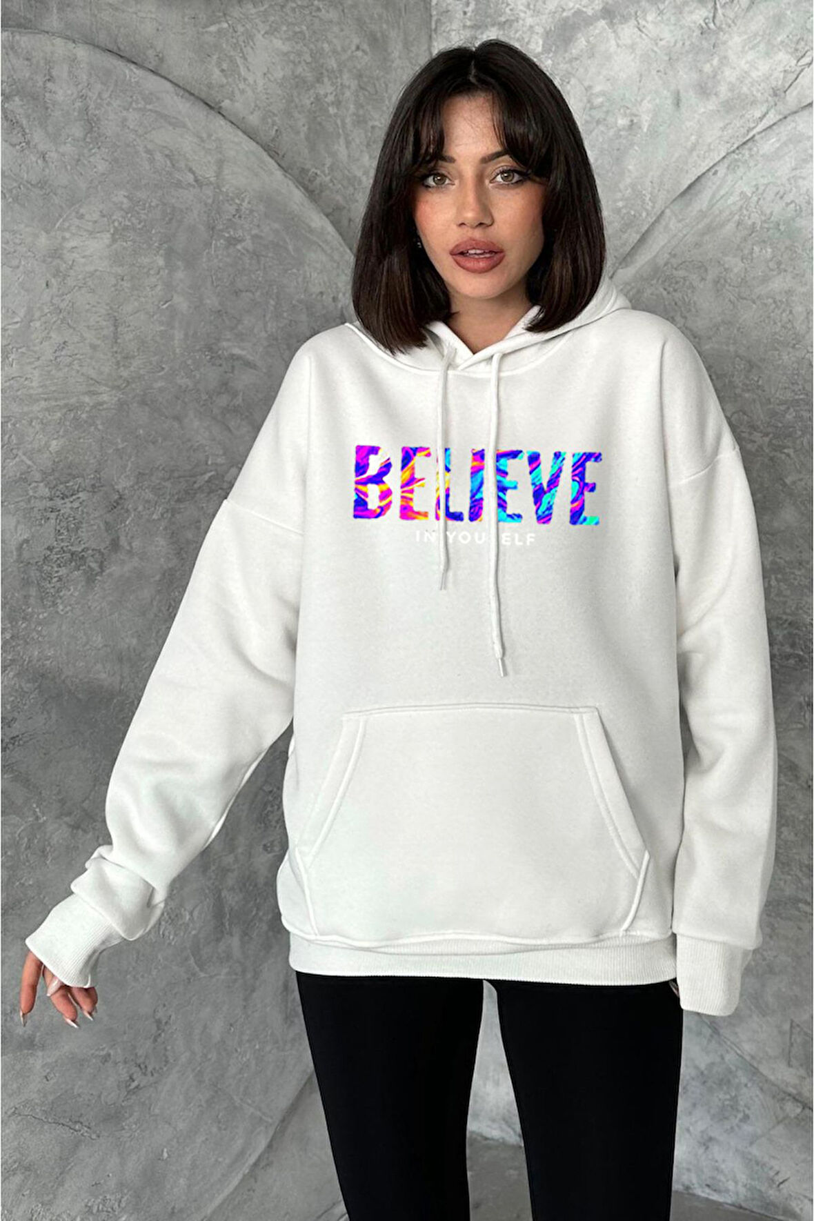 Kadın Krem Renkli Believe Baskılı Oversize Kapüşonlu Sweatshirt