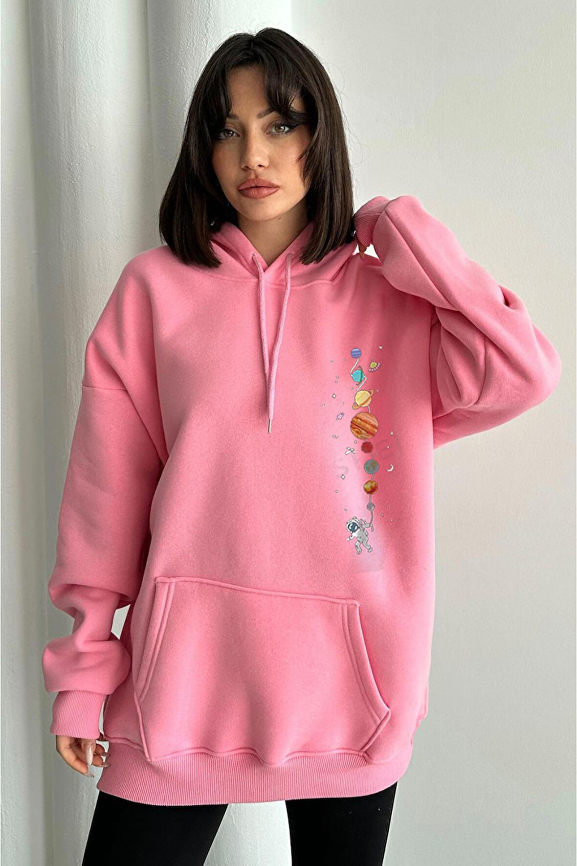 Kadın Pembe Minik Gezegen Baskılı Oversize Kapüşonlu Sweatshirt