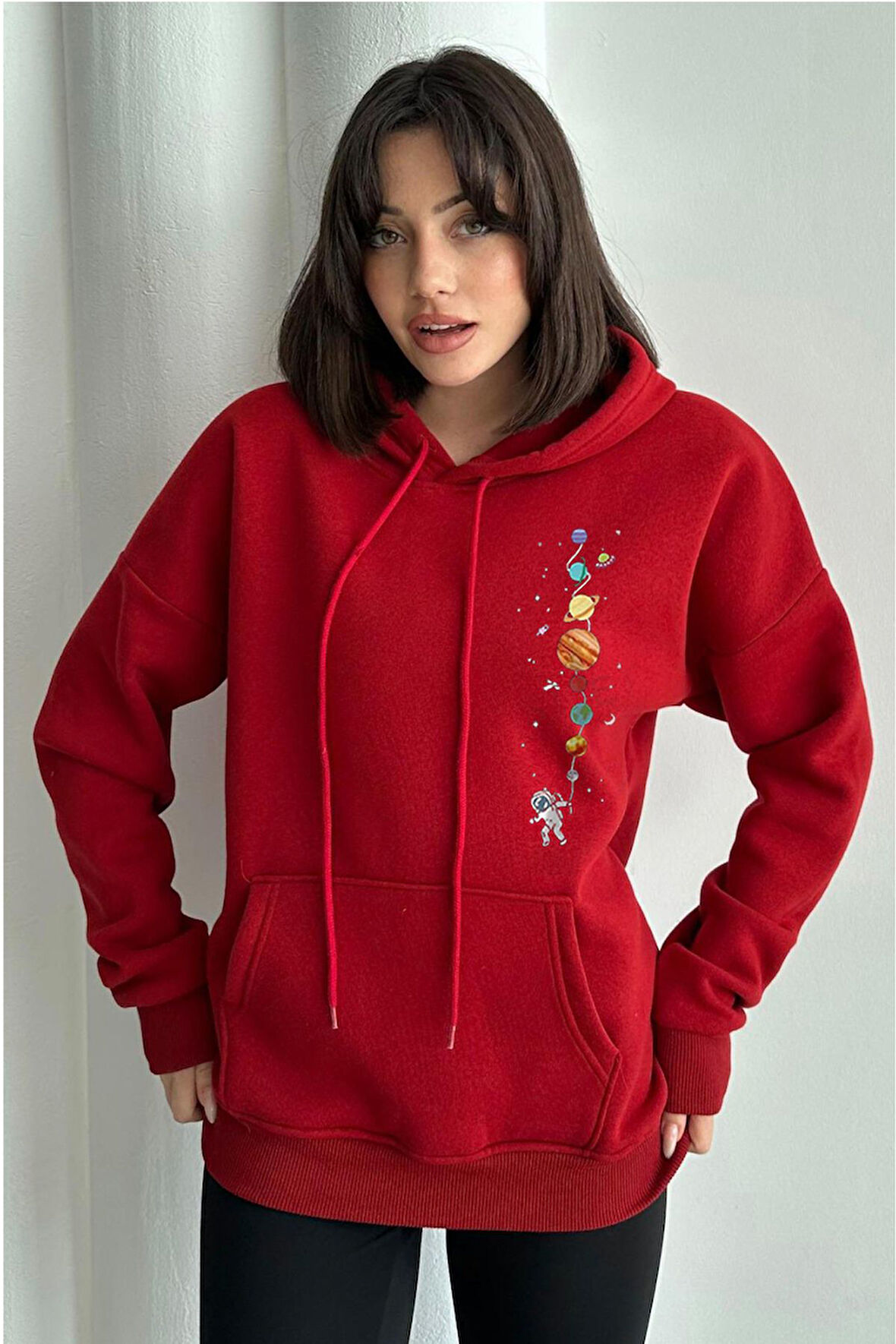 Kadın Minik Gezegen Baskılı Oversize Kapüşonlu Sweatshirt