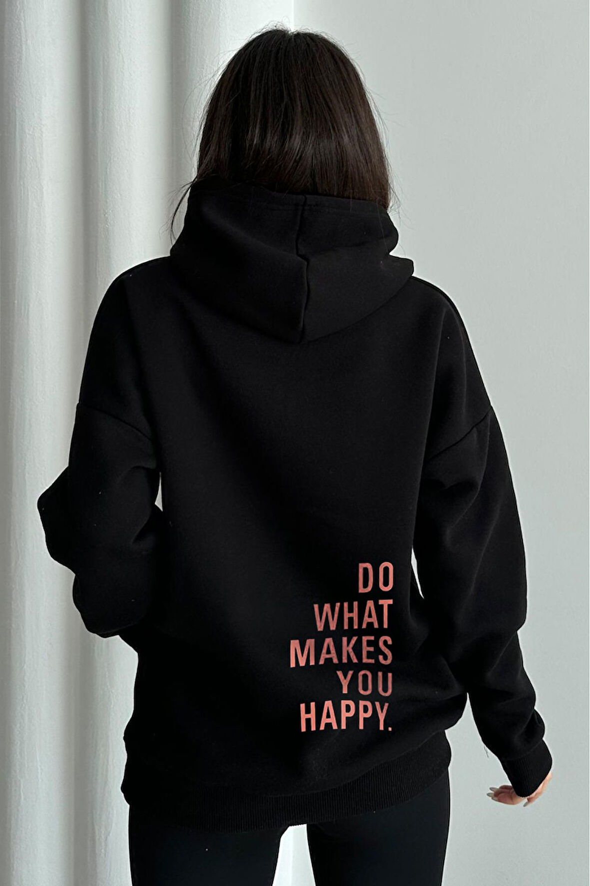 Kadın Do What Makes You Happy Baskılı Oversize Kapüşonlu Sweatshirt