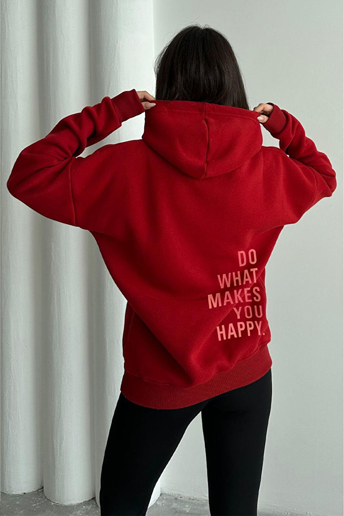 Kadın Kırmızı Do What Makes You Happy Baskılı Oversize Kapüşonlu Sweatshirt