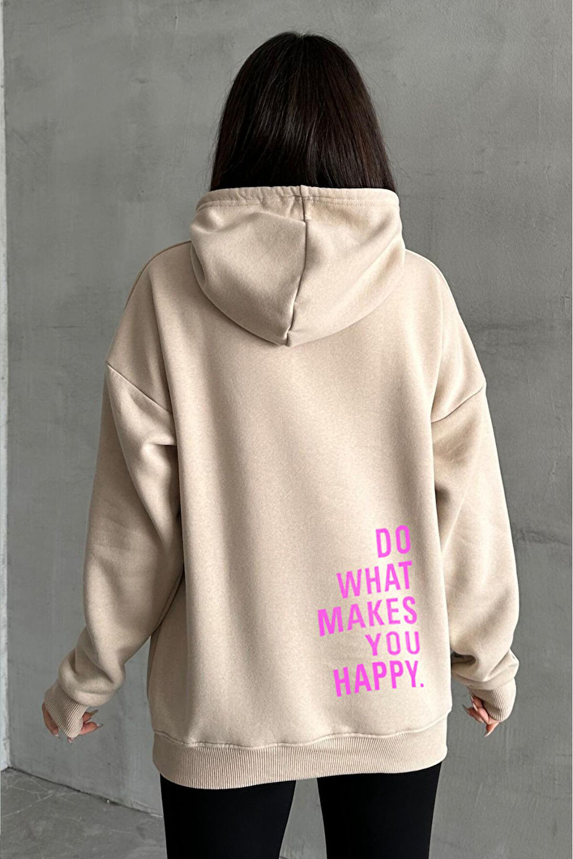 Kadın Bej Do What Makes You Happy Baskılı Oversize Kapüşonlu Sweatshirt