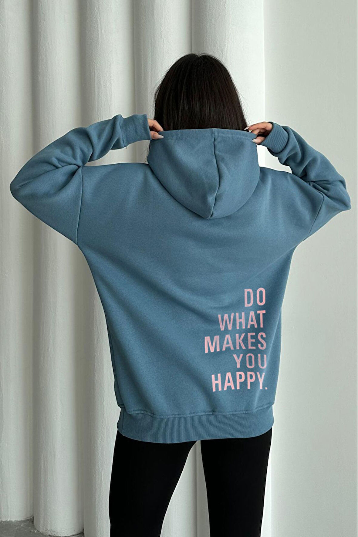 Kadın Mavi Do What Makes You Happy Baskılı Oversize Kapüşonlu Sweatshirt