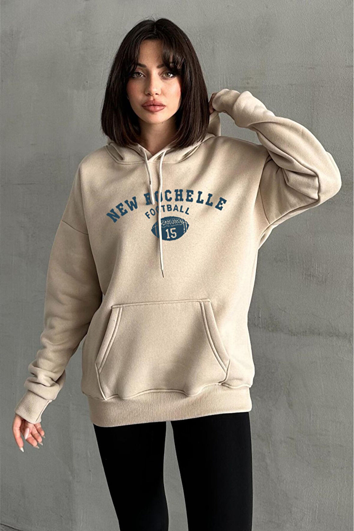 Kadın Bej New Rochelle Baskılı Oversize Kapüşonlu Sweatshirt