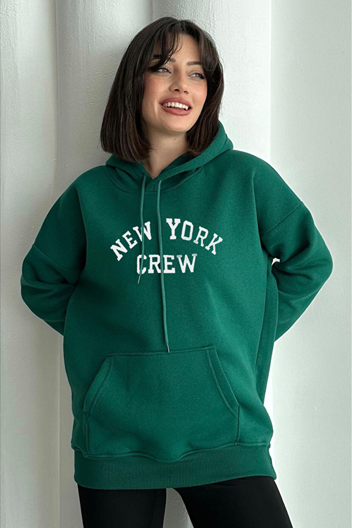 Kadın New York Crew Baskılı Oversize Kapüşonlu Sweatshirt