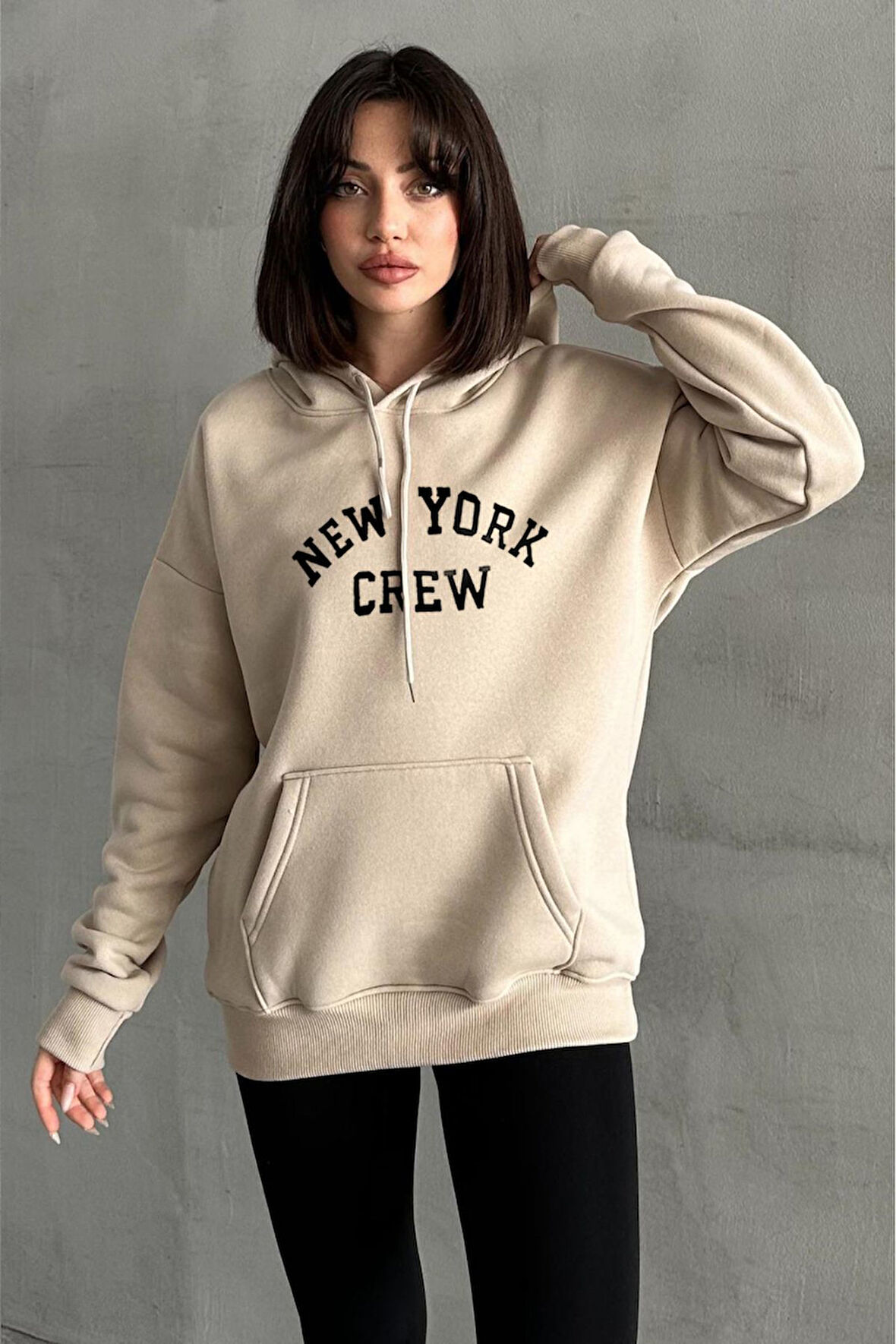 Kadın Bej New York Crew Baskılı Oversize Kapüşonlu Sweatshirt