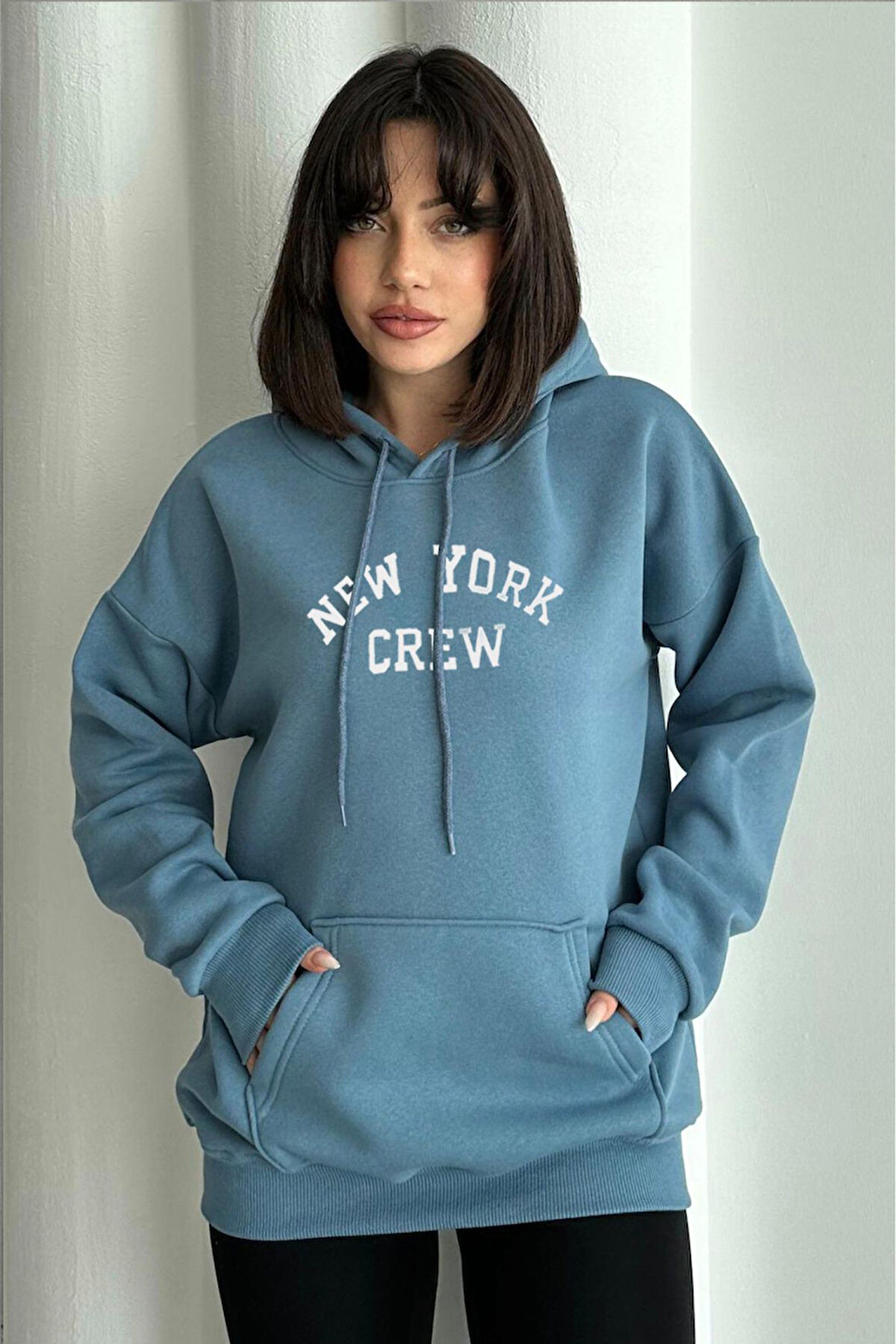 Kadın New York Crew Baskılı Oversize Kapüşonlu Sweatshirt