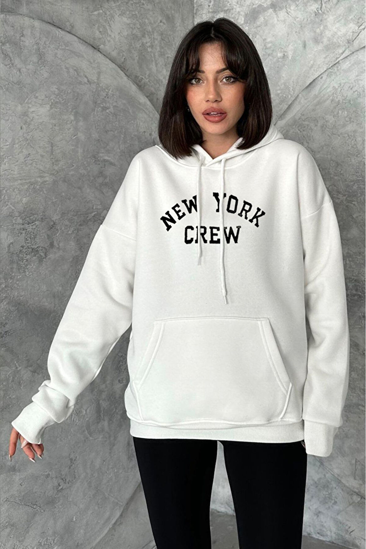 Kadın New York Crew Baskılı Oversize Kapüşonlu Sweatshirt