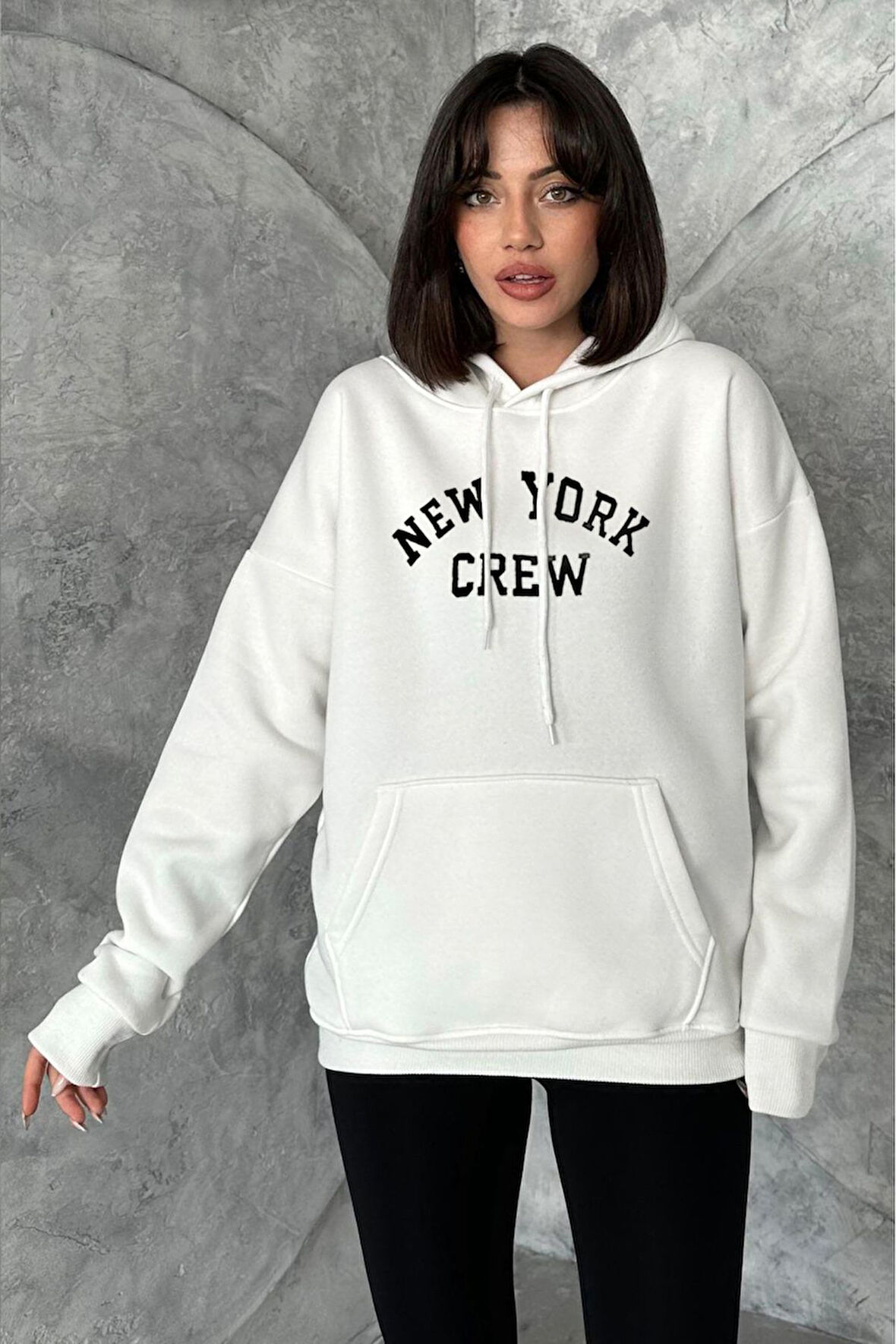 Kadın Krem New York Crew Baskılı Oversize Kapüşonlu Sweatshirt