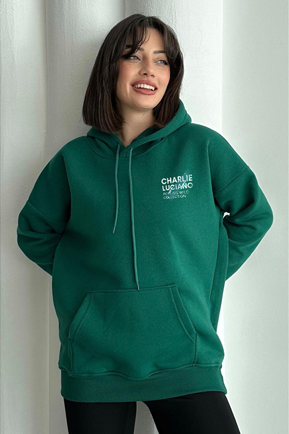 Kadın Yeşil Charlie Luciano Baskılı Oversize Kapüşonlu Sweatshirt