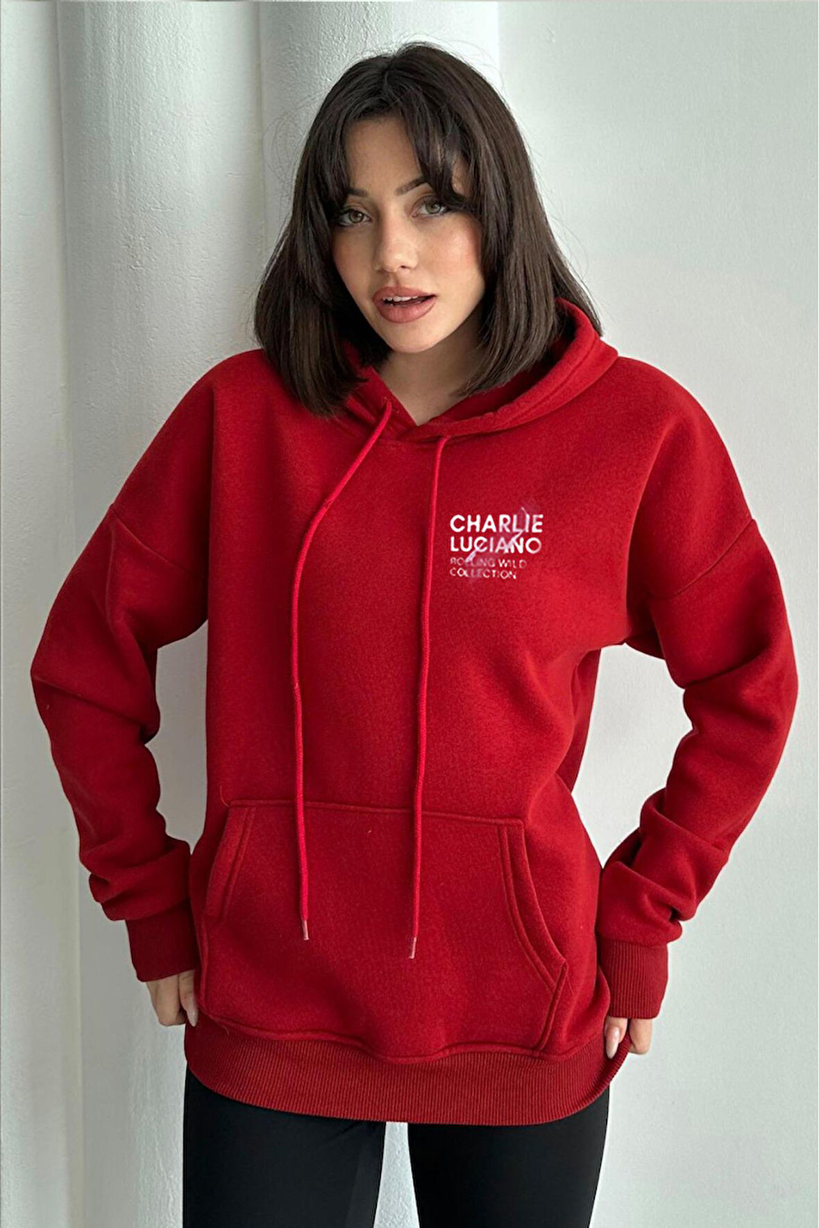 Kadın Kırmızı Charlie Luciano Baskılı Oversize Kapüşonlu Sweatshirt