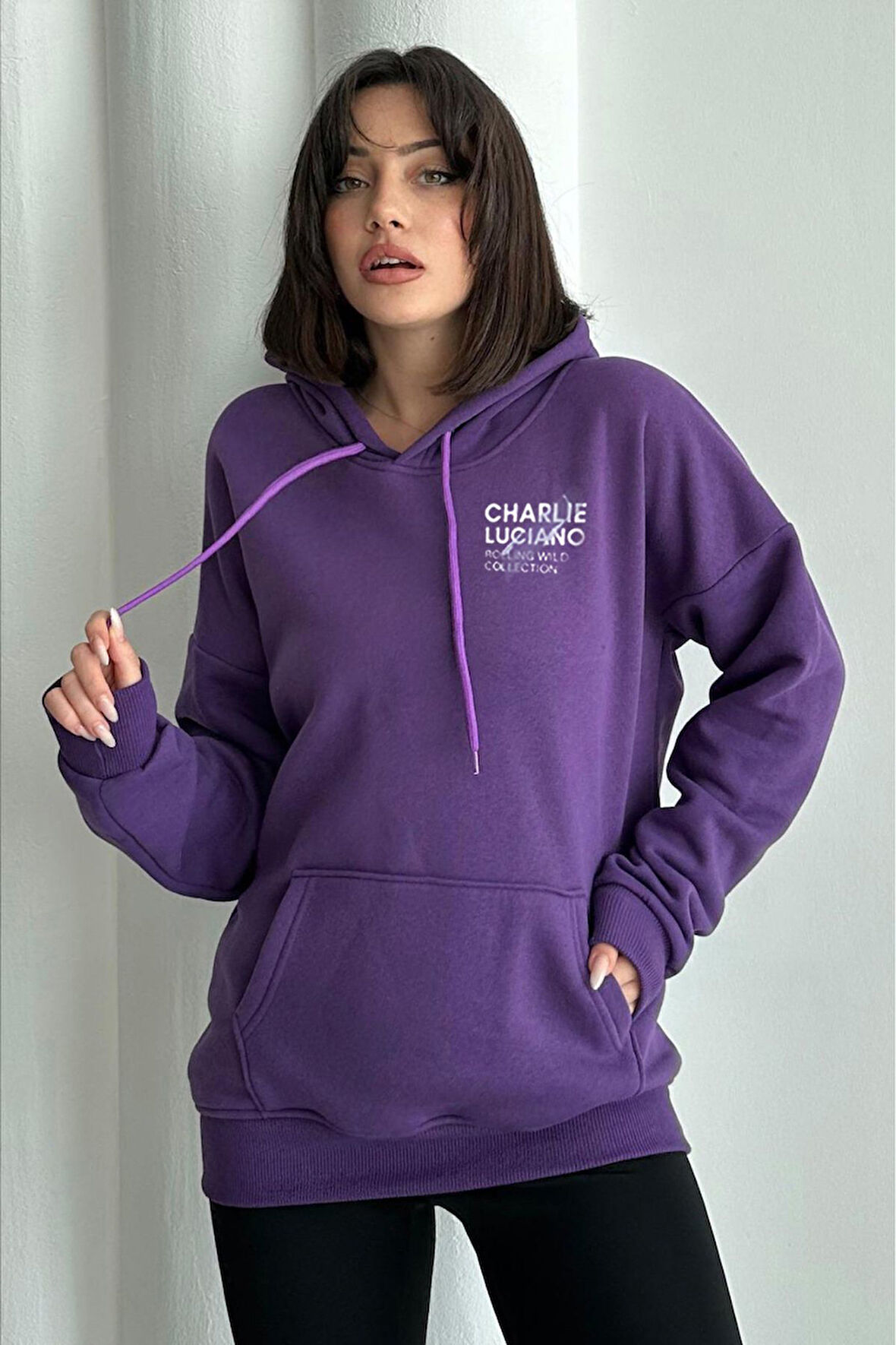 Kadın Mor Charlie Luciano Baskılı Oversize Kapüşonlu Sweatshirt