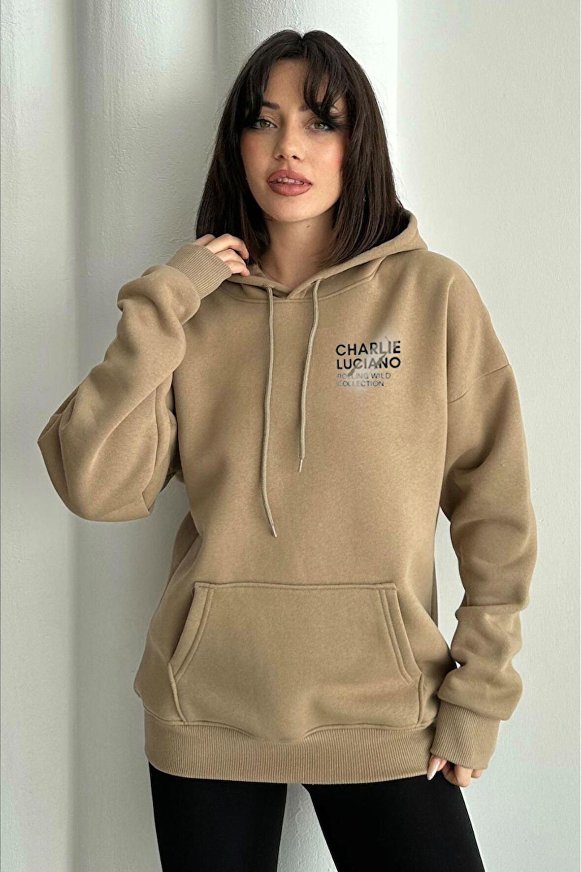 Kadın Vizon Charlie Luciano Baskılı Oversize Kapüşonlu Sweatshirt