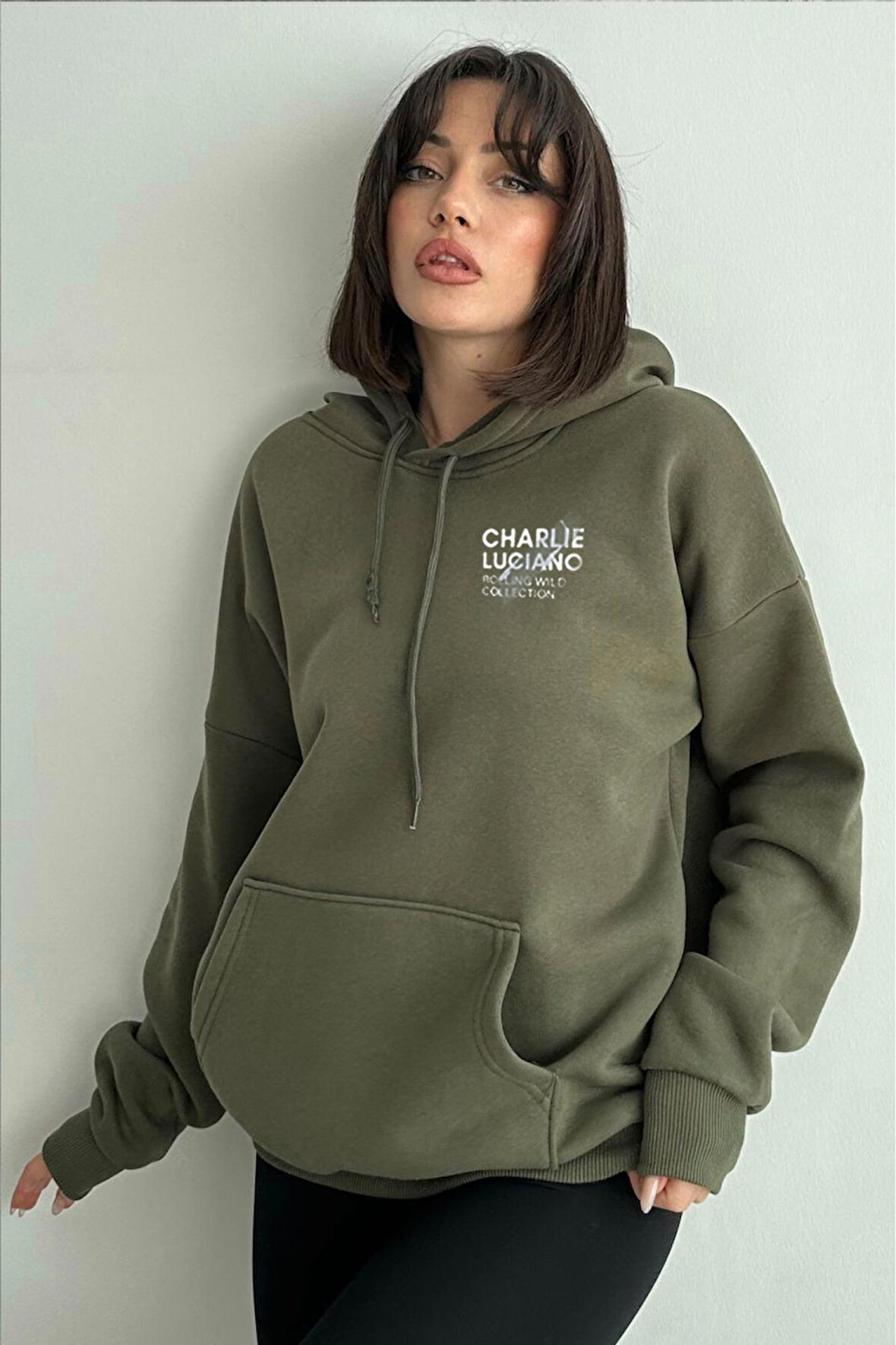 Kadın Haki Charlie Luciano Baskılı Oversize Kapüşonlu Sweatshirt