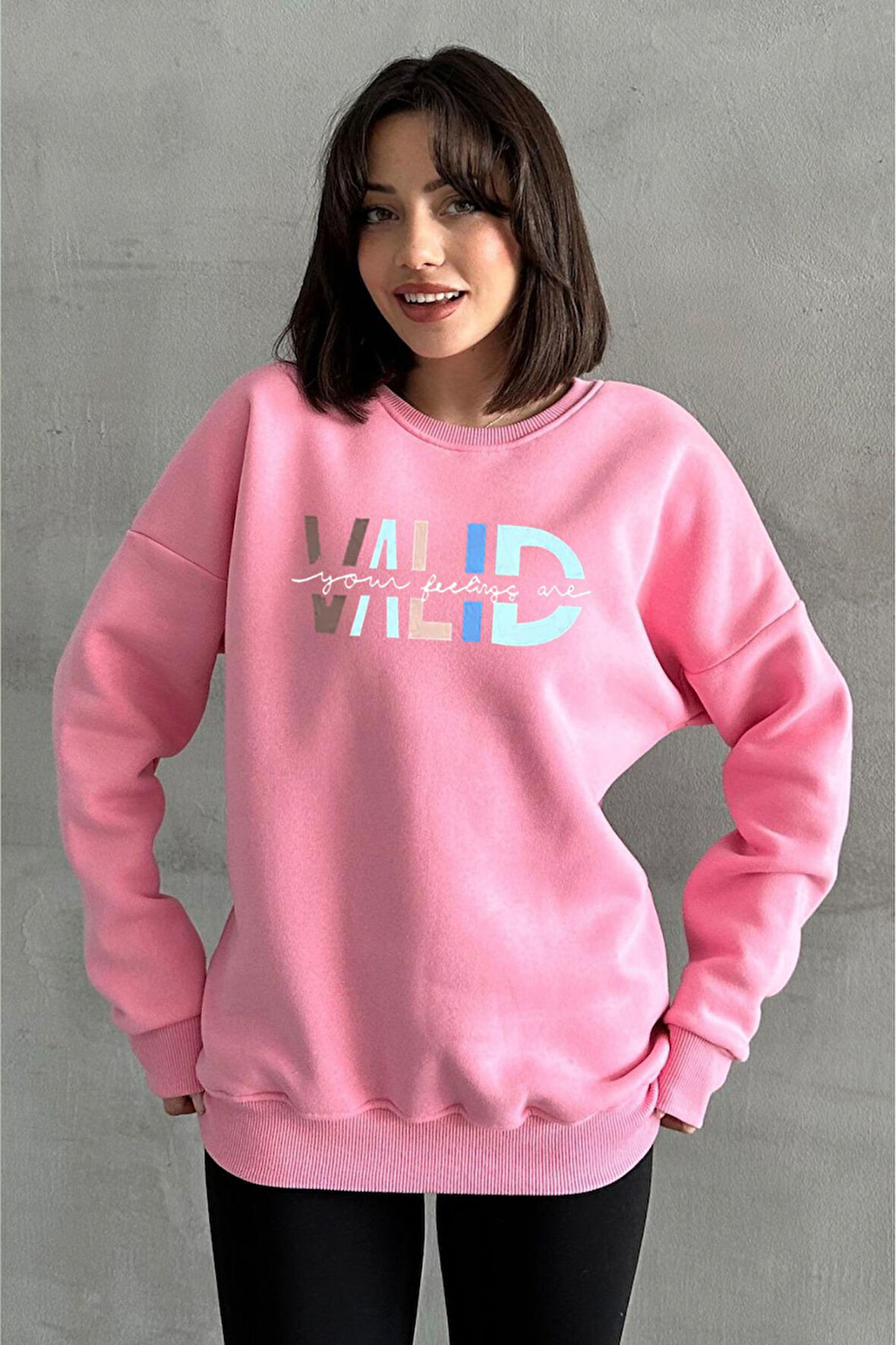 Kadın Pembe Valid Baskılı Oversize Sweatshirt