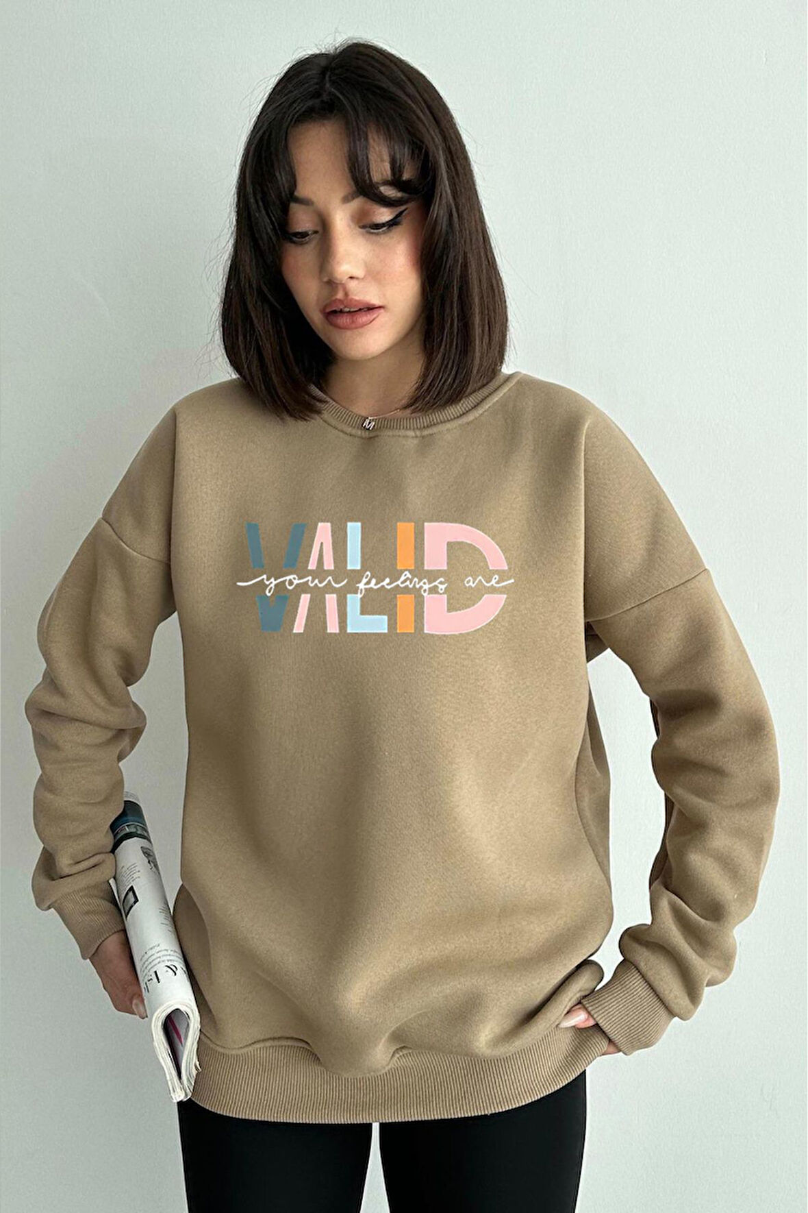 Kadın Vizon Valid Baskılı Oversize Sweatshirt