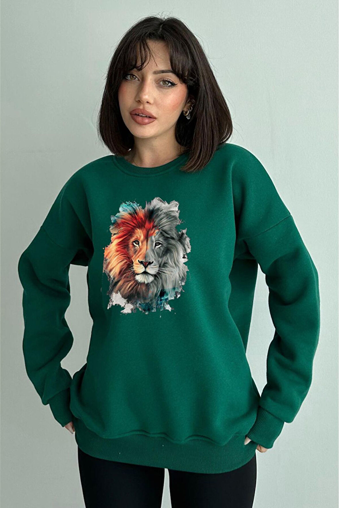 Kadın Aslan Baskılı Oversize Sweatshirt