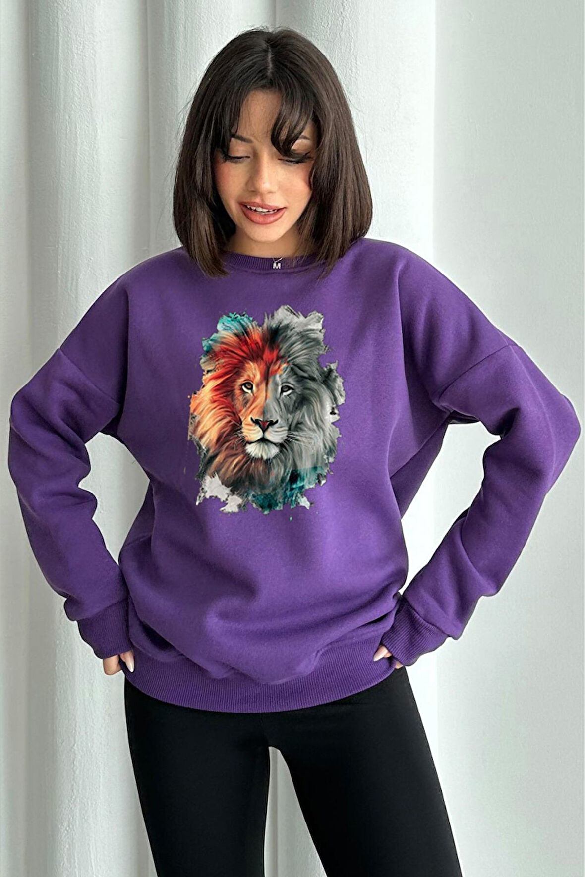 Kadın Mor Aslan Baskılı Oversize Bisiklet Yaka Sweatshirt