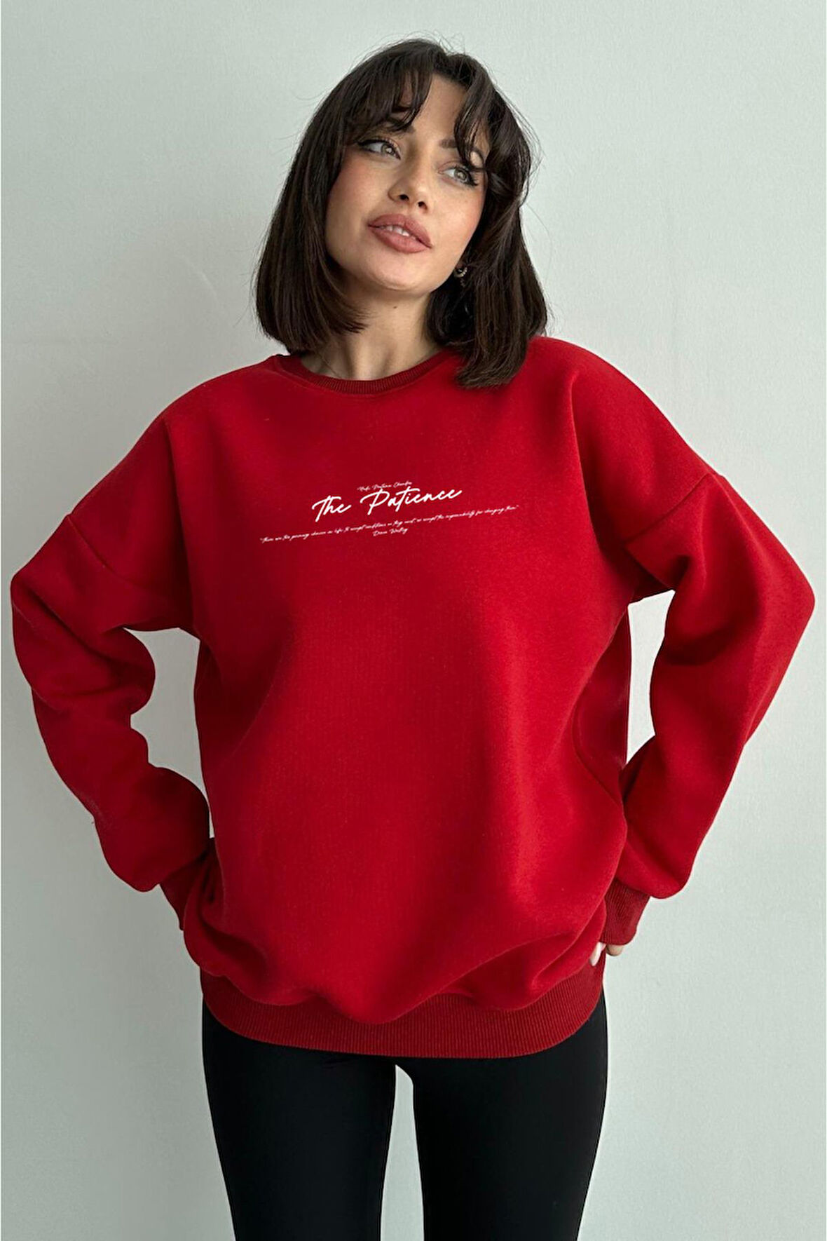 Kadın Kırmızı The Patience Baskılı Oversize Bisiklet Yaka Sweatshirt