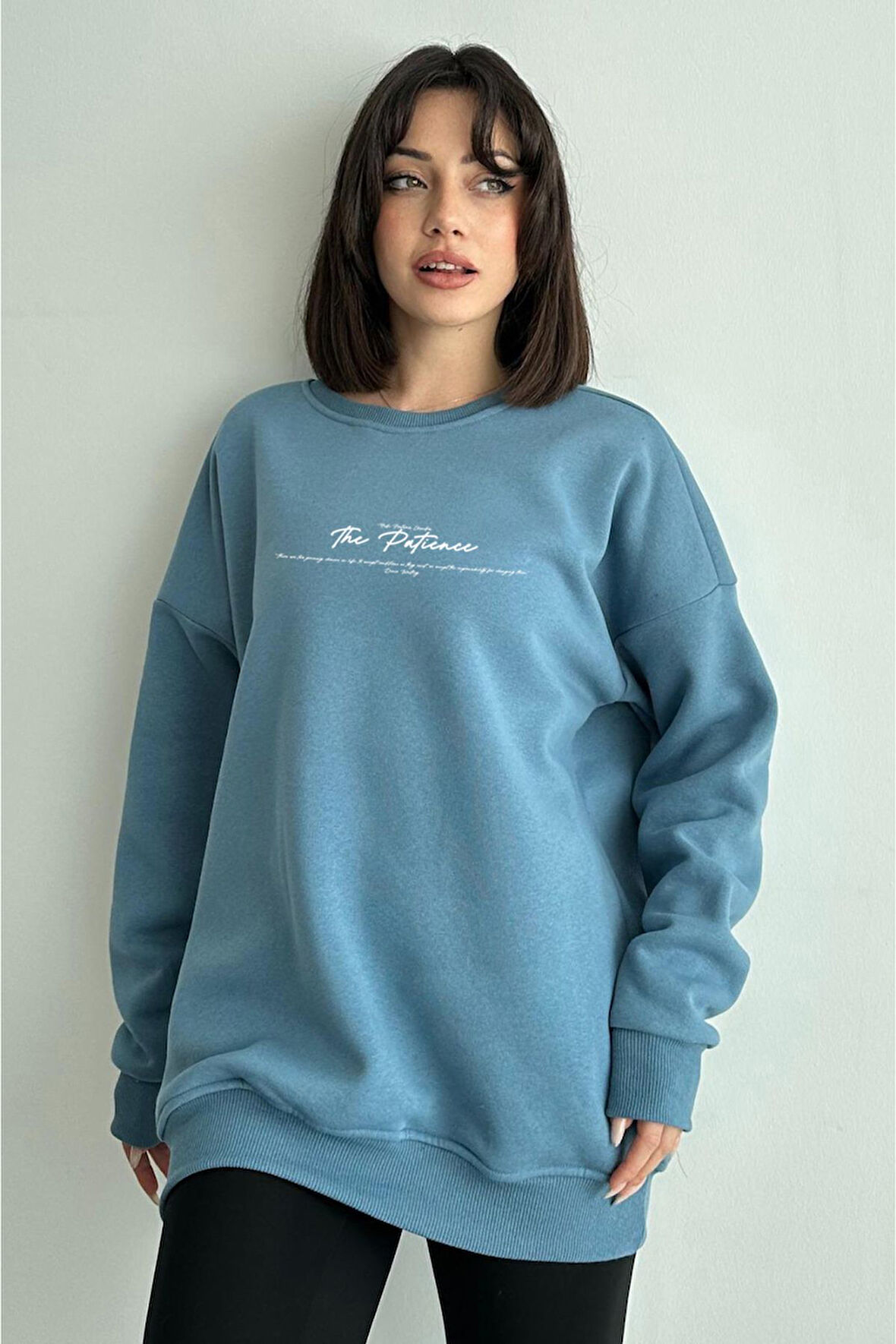 Kadın Mavi The Patience Baskılı Oversize Bisiklet Yaka Sweatshirt