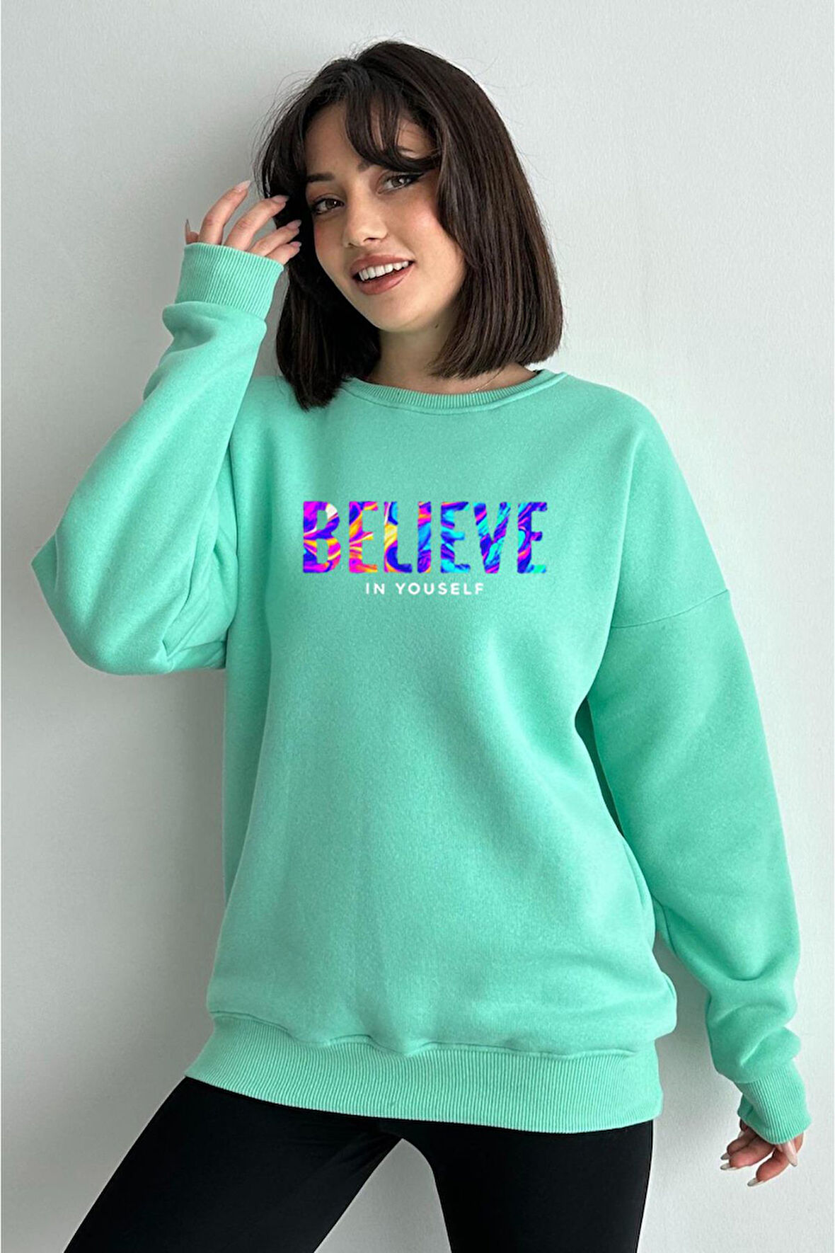 Kadın Mint Yeşili Renkli Believe Baskılı Oversize Bisiklet Yaka Sweatshirt