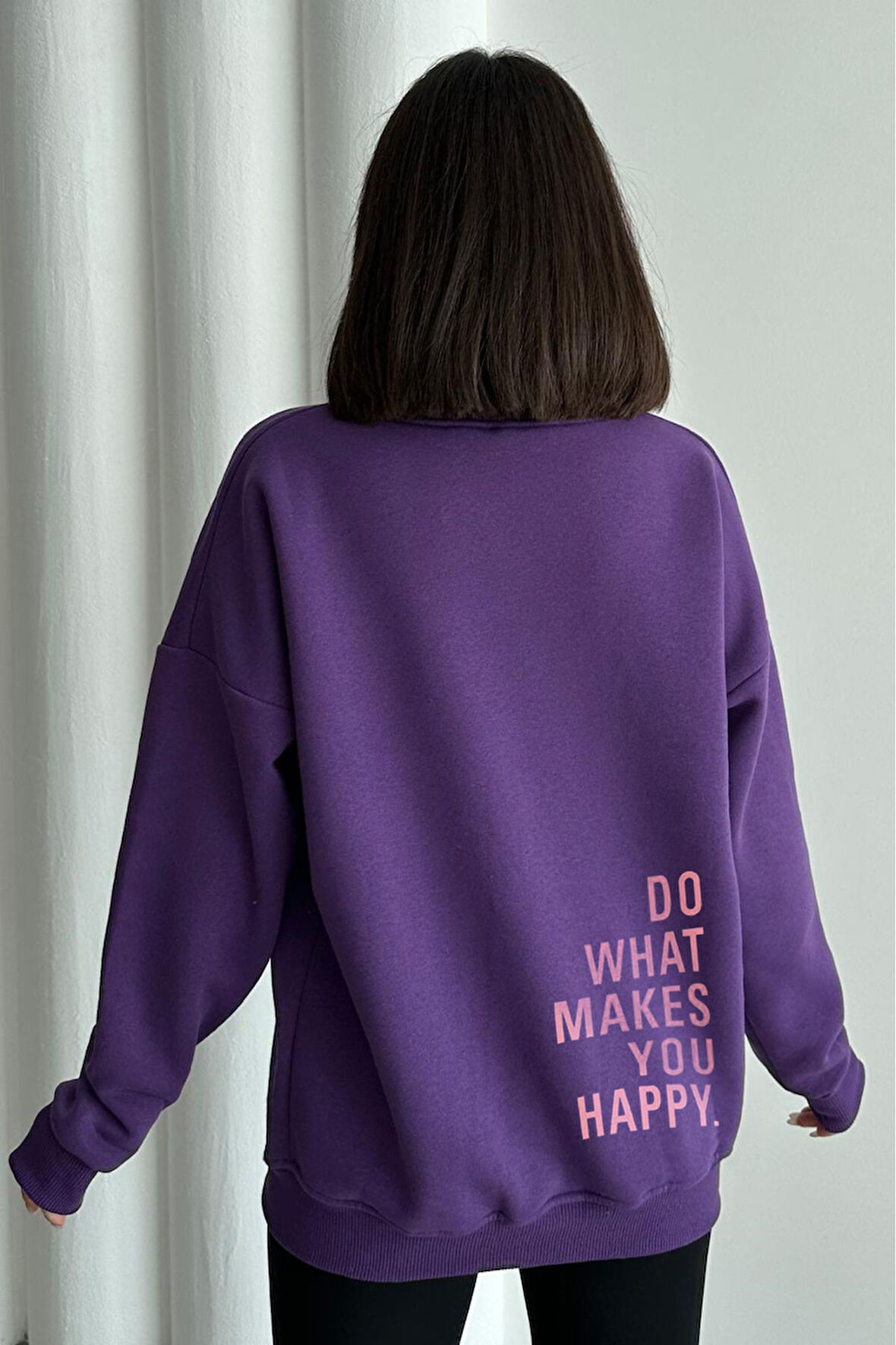 Kadın Mor Do What Makes You Happy Baskılı Oversize Bisiklet Yaka Sweatshirt