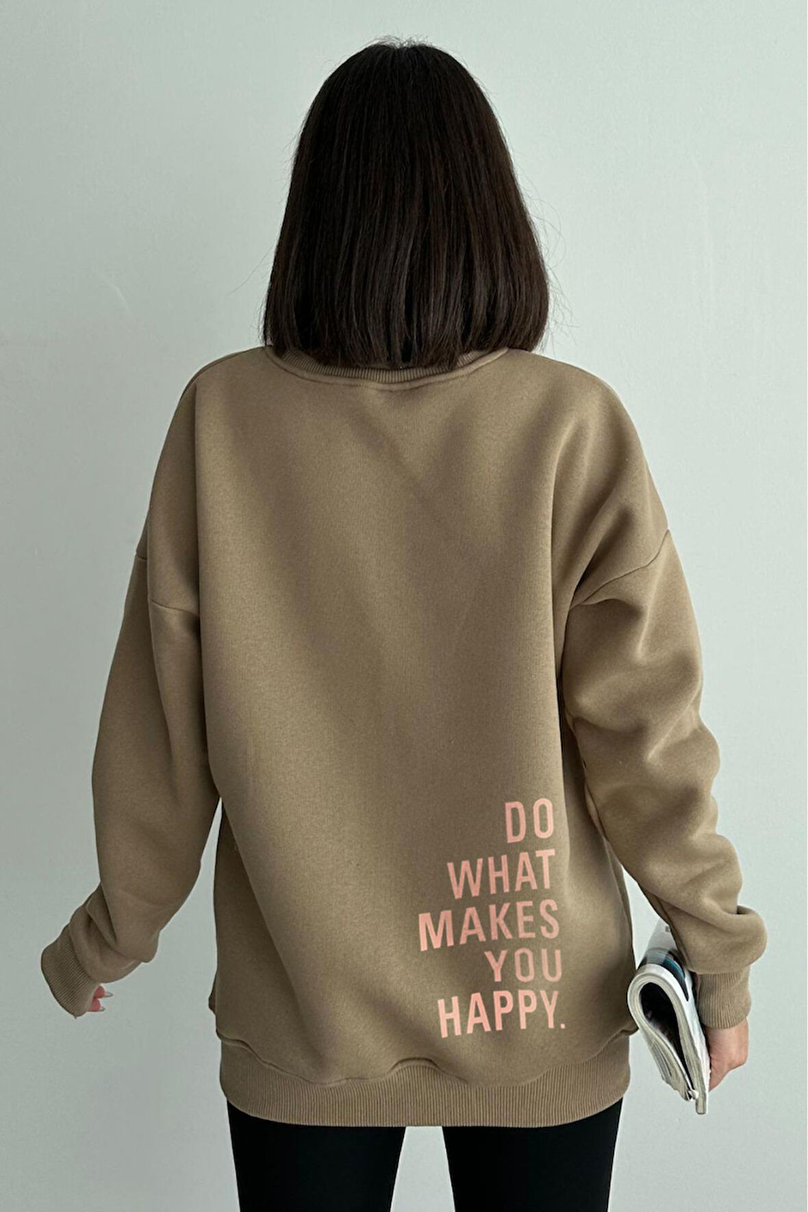 Kadın Do What Makes You Happy Baskılı Oversize Bisiklet Yaka Sweatshirt