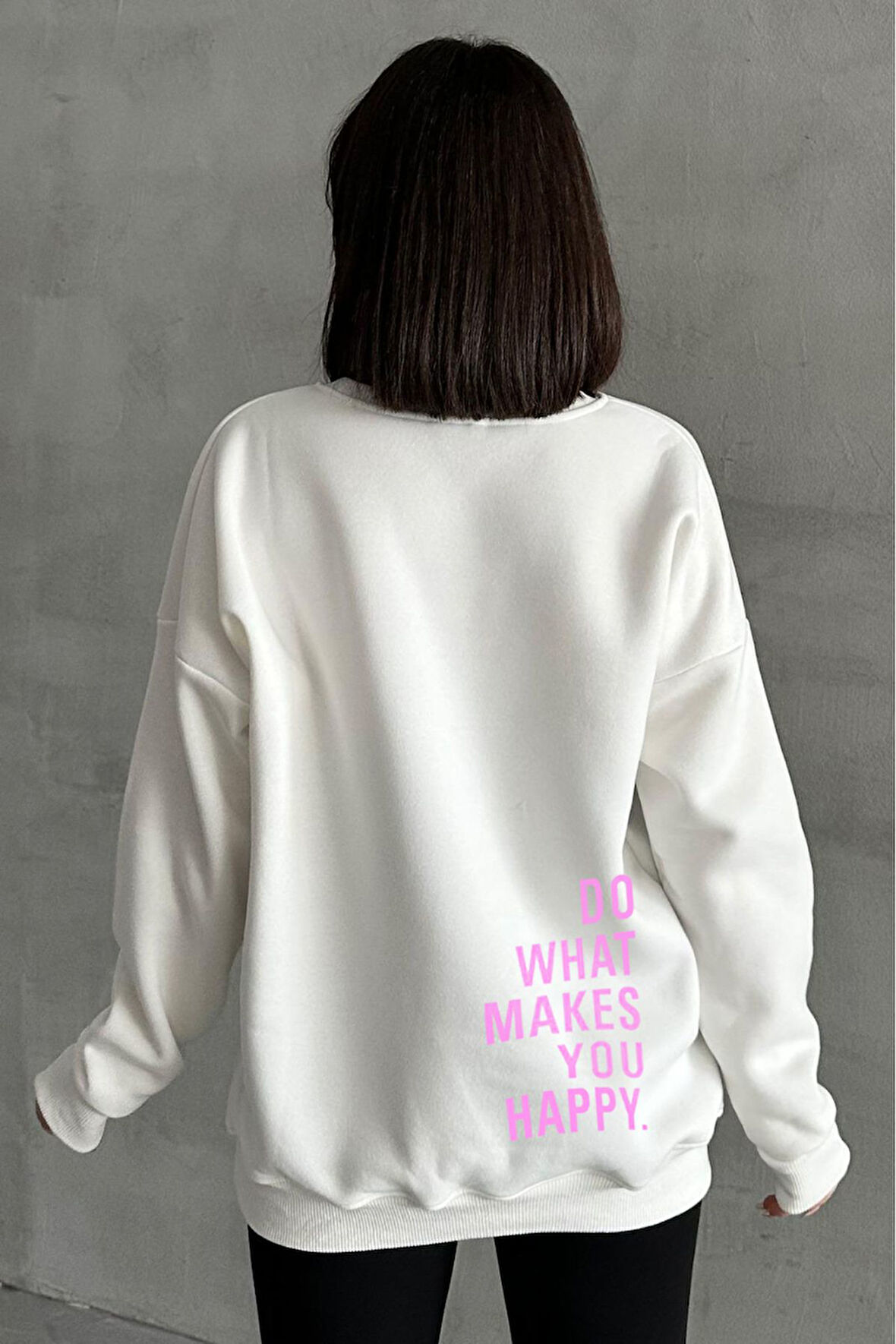 Kadın Krem Do What Makes You Happy Baskılı Oversize Bisiklet Yaka Sweatshirt